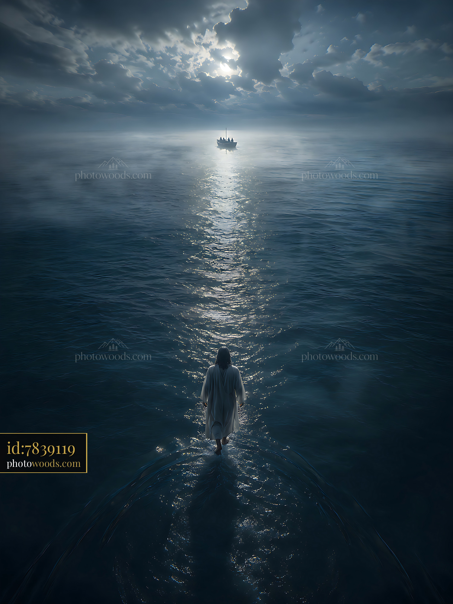 Person Walking on Water Toward Boat in Dark Ocean Scene