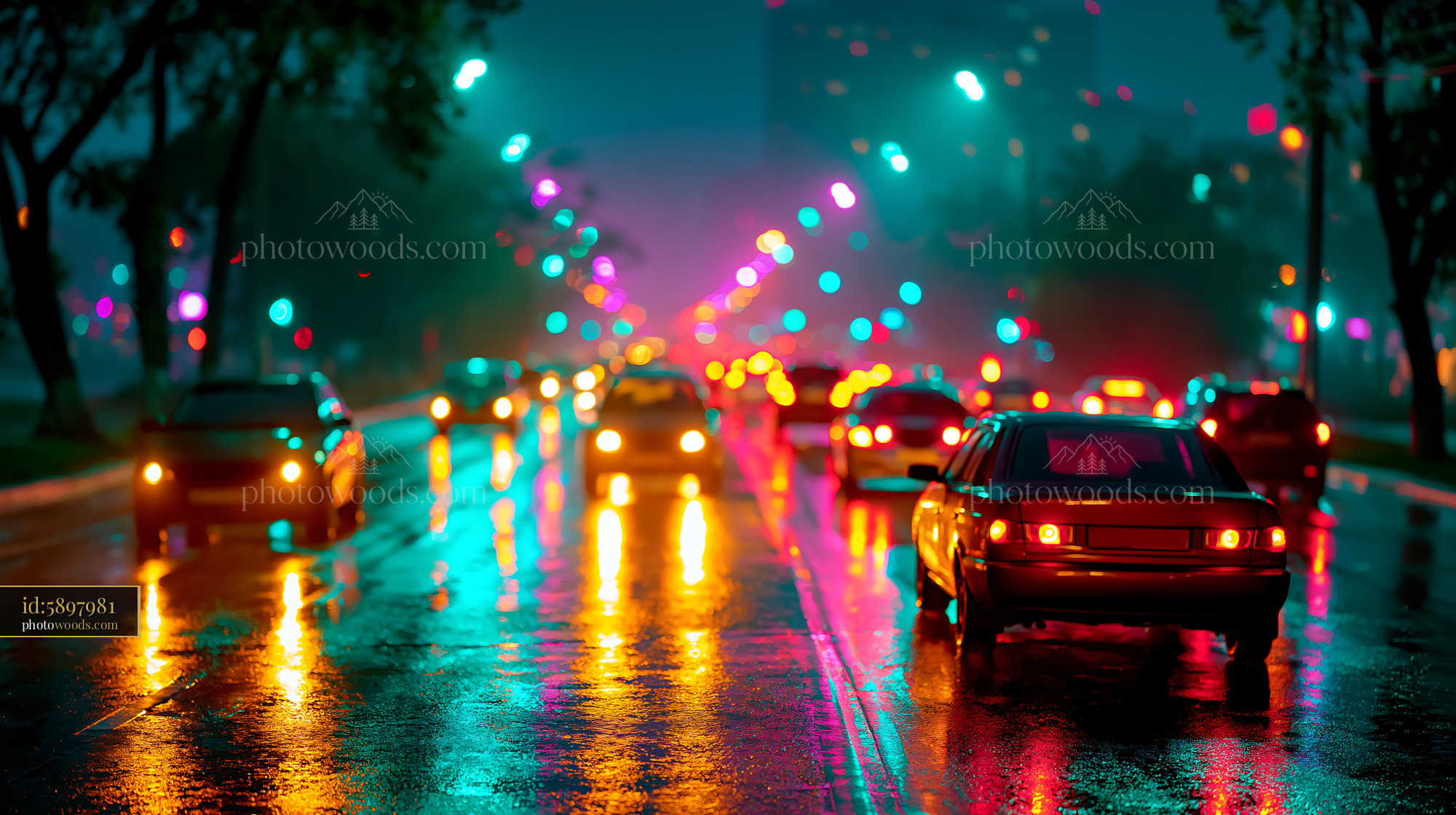 Cars Drive Through Wet Road Under Colorful Lights at Night
