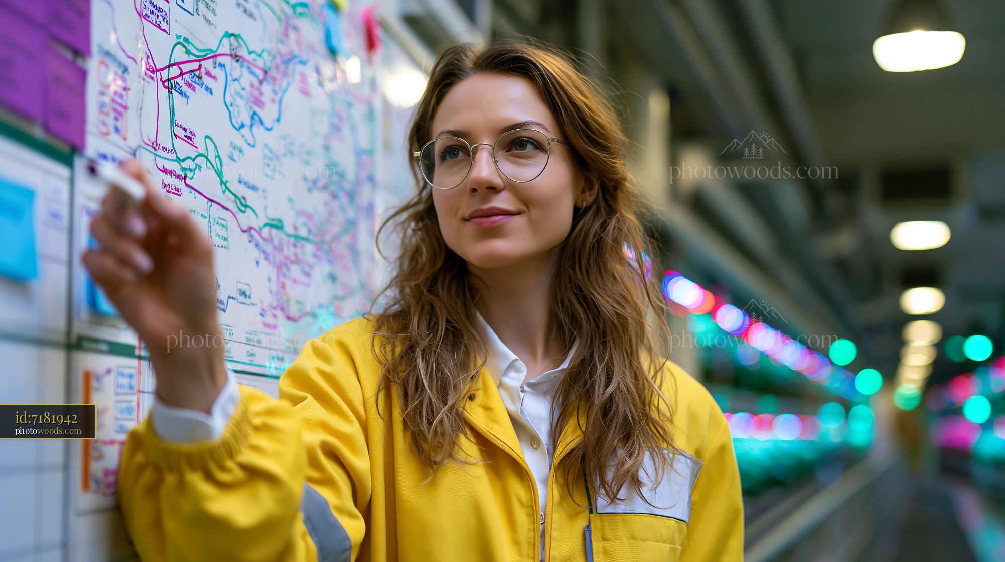 Woman writing on a colorful planning board in a modern workspace