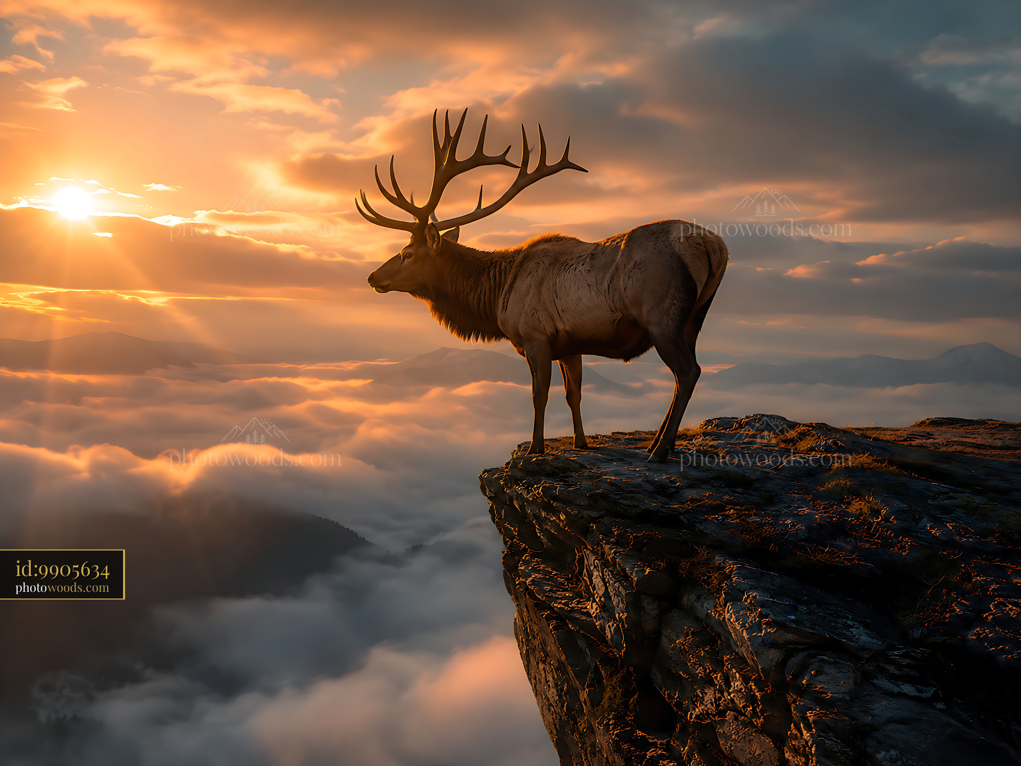Elk Stands on Rocky Ledge Overlooking Clouds at Sunset
