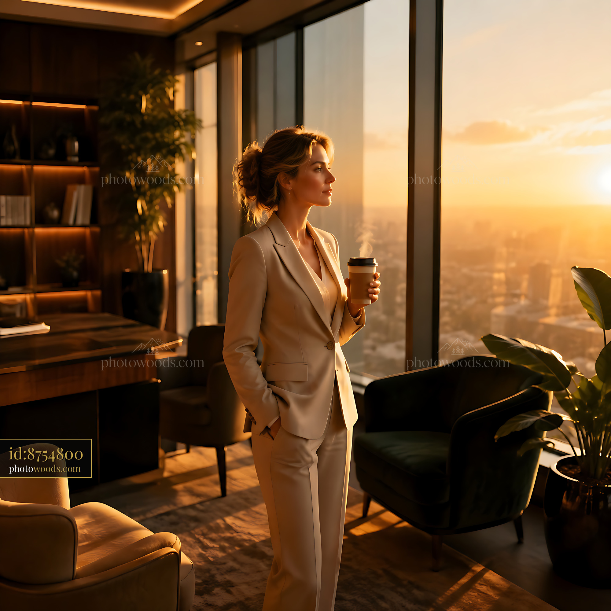 Woman in Business Suit Enjoys Coffee While Watching Sunset