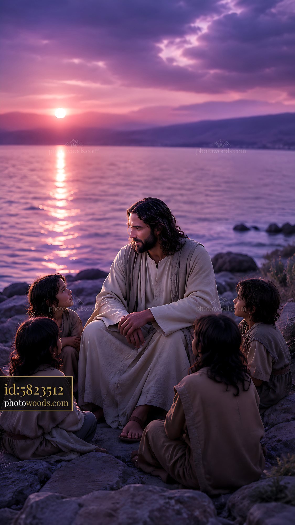 Jesus Talks to Children by the Water During Sunset