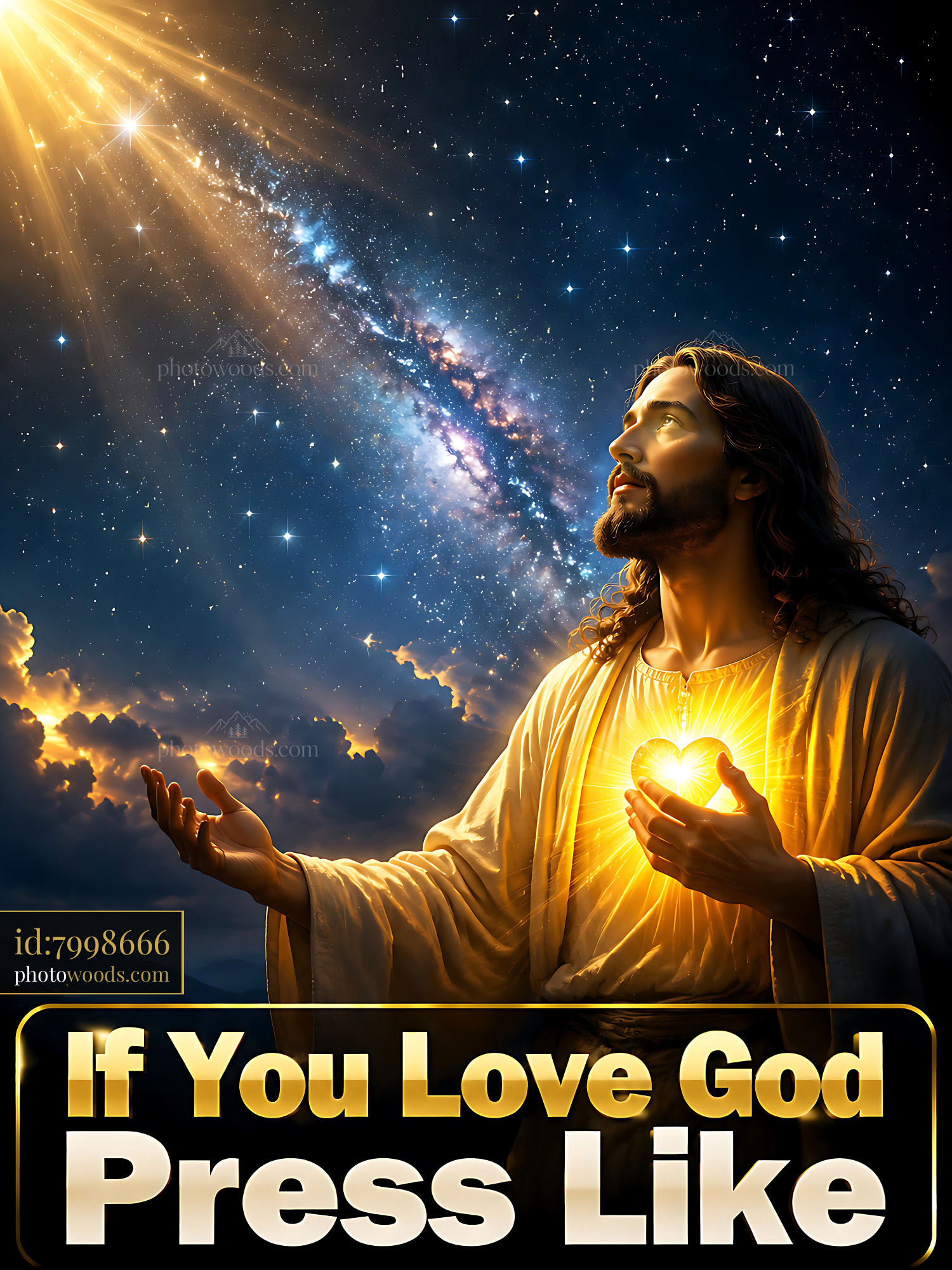 Jesus Holds a Glowing Heart Under Stars and Galaxies in the Night Sky