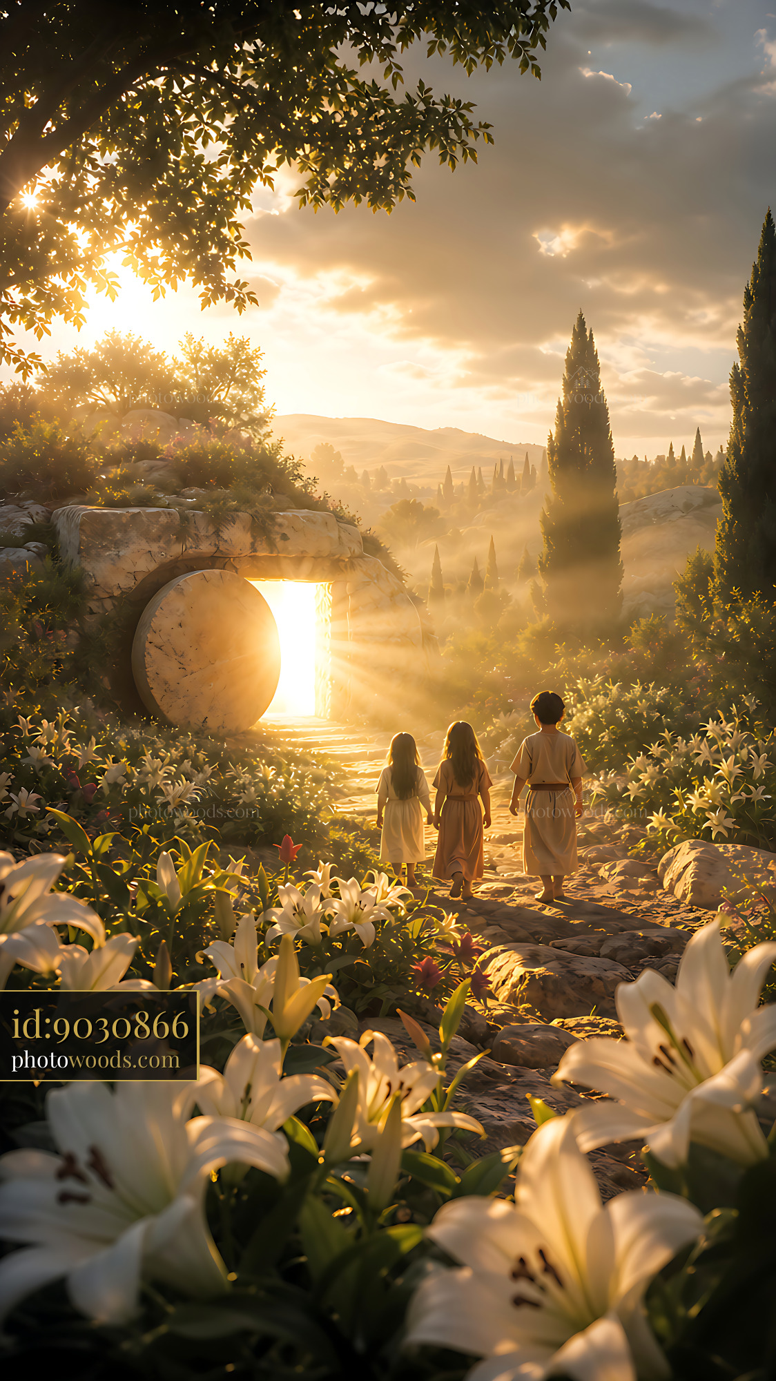 Children Walking Towards an Open Tomb in a Flower-Filled Field