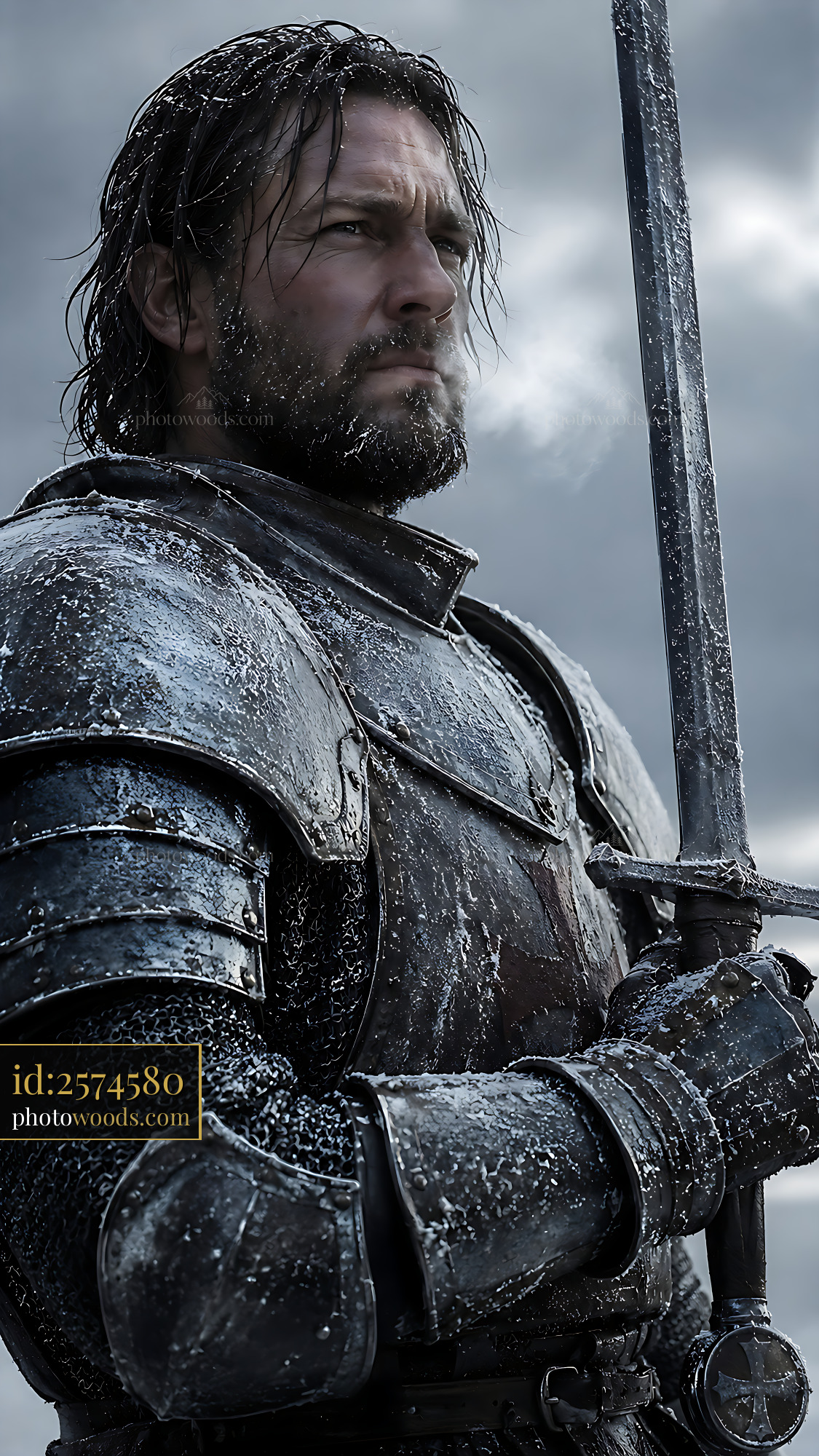 Knight in Armor Holding Sword With Mist in Cold Environment