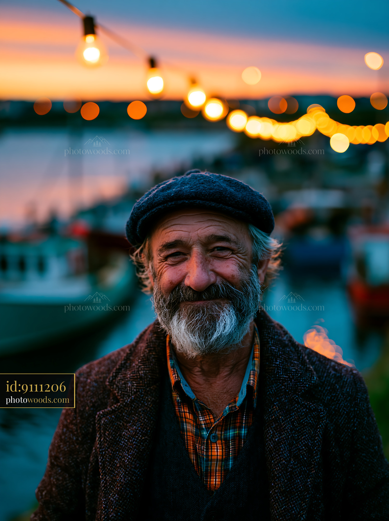 Elderly Man Smiles at Sunset Near Boats and String Lights