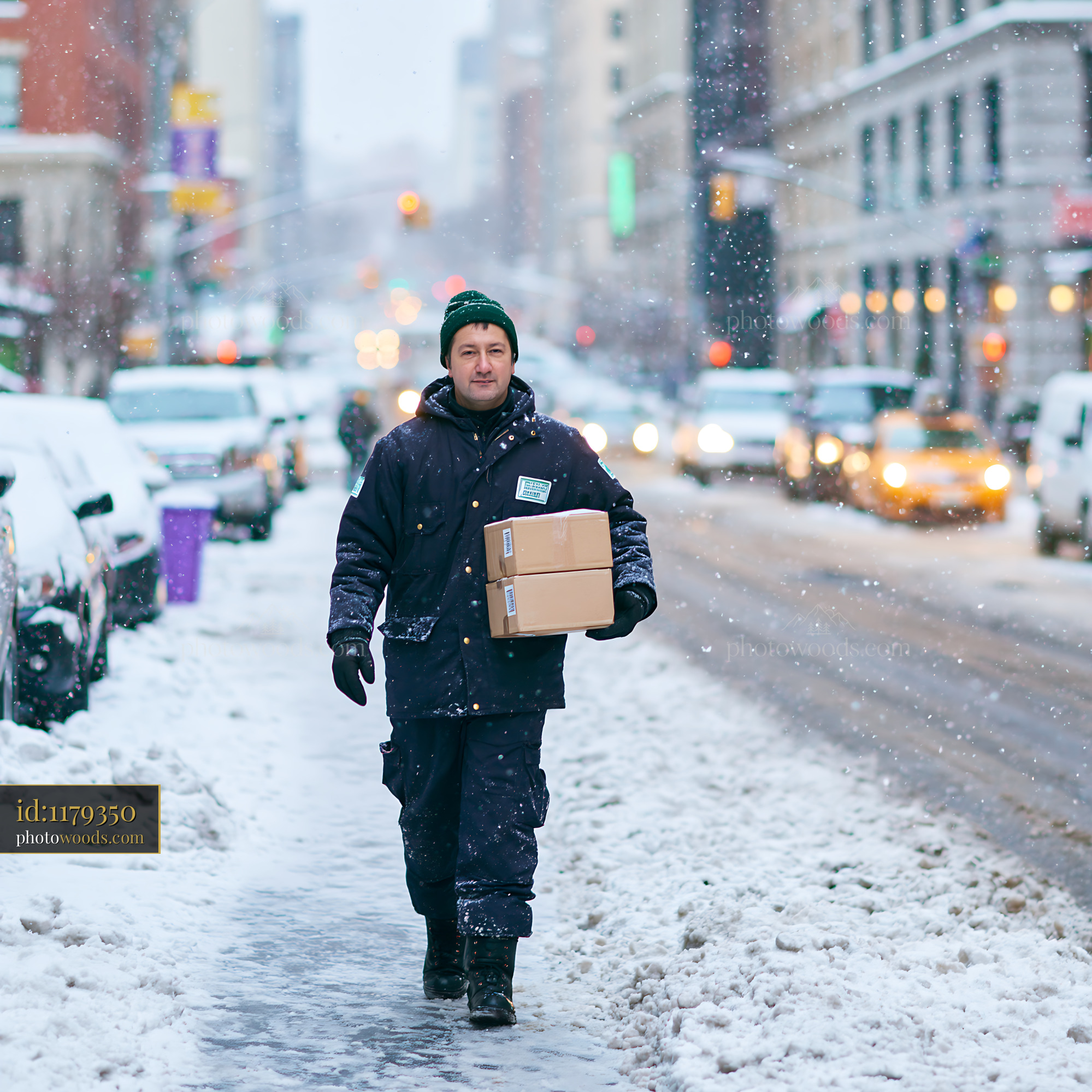 Cold Chain Technician Delivers Parcels in Snowy City Street