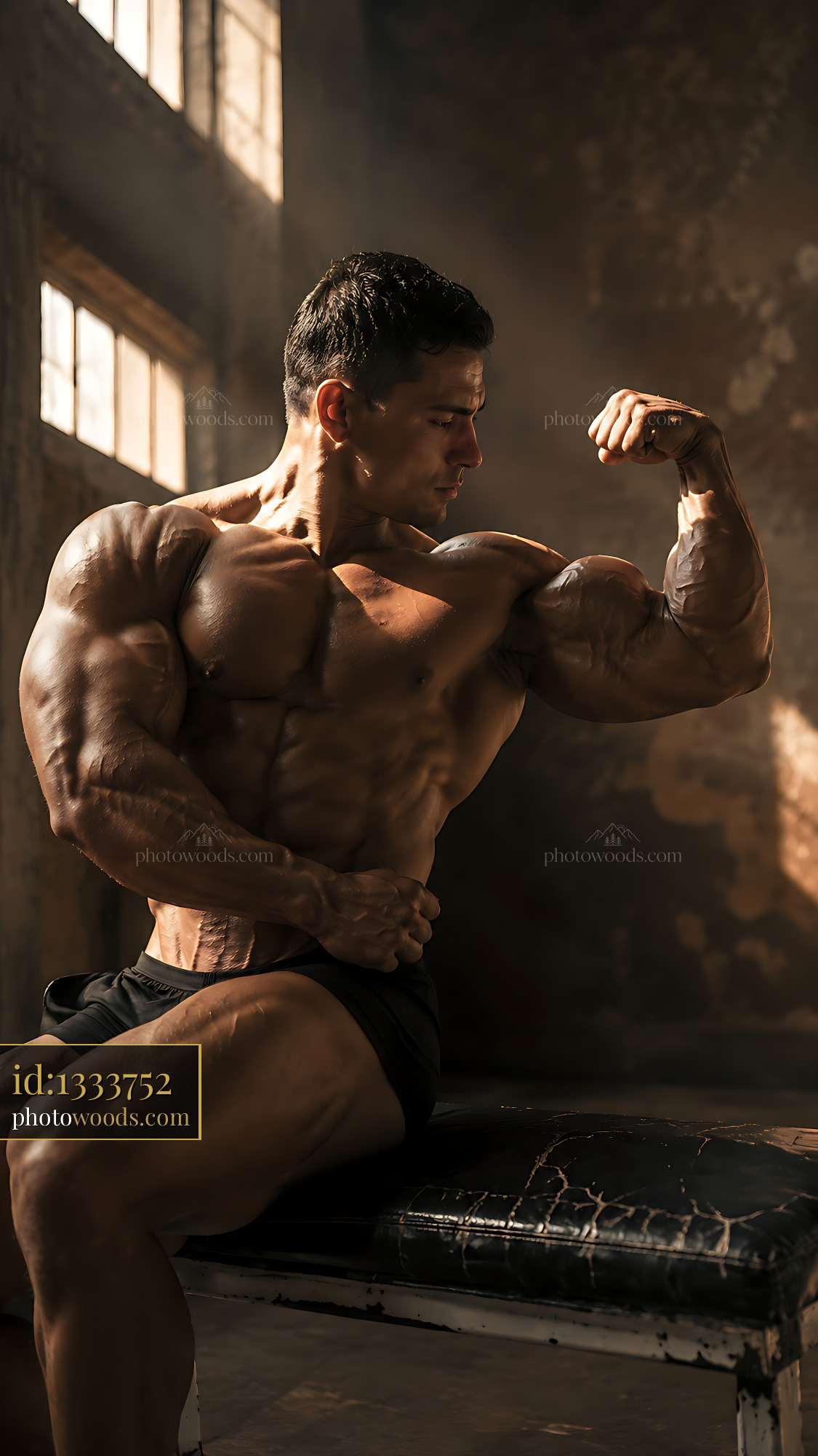 Bodybuilder Flexing Muscles in Indoor Gym Setting With Sunlight
