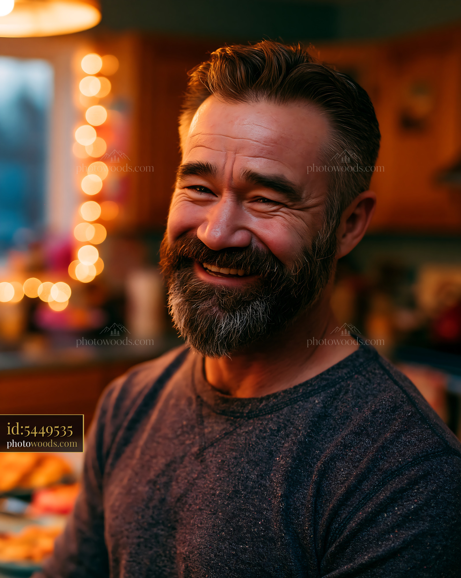 Man Smiling in Kitchen With Warm Lights and Food Nearby