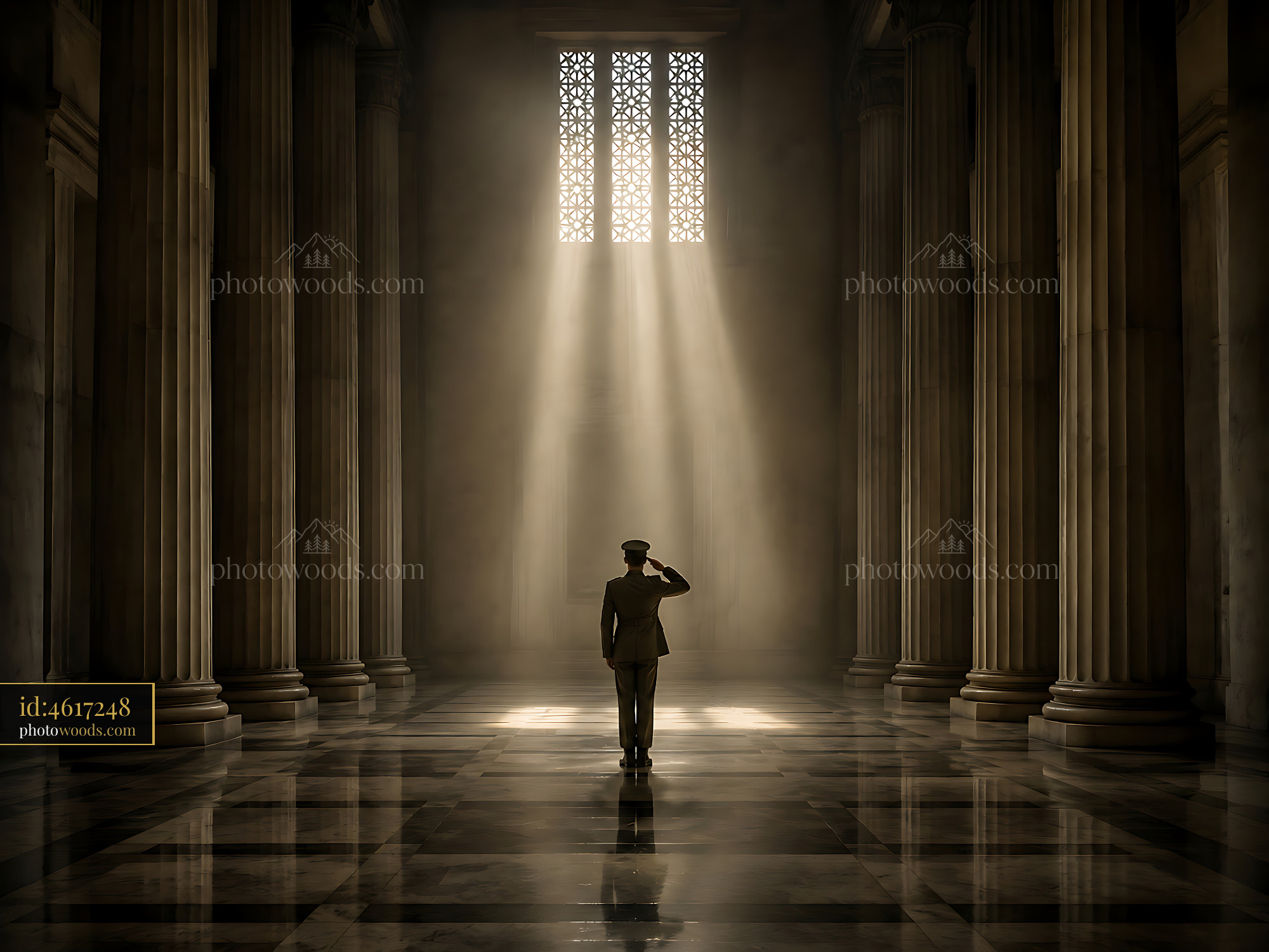 Man Salutes in a Large Hall With Sunlight Through Windows