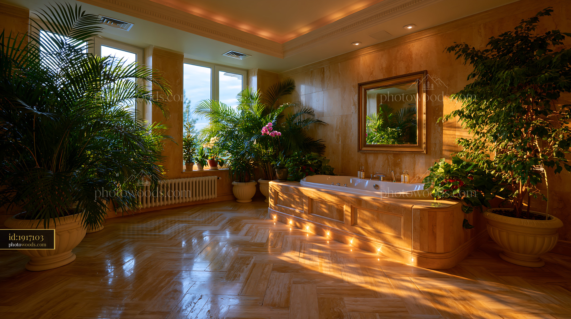 Warm Travertine Bathroom With Plants and Soft Lighting