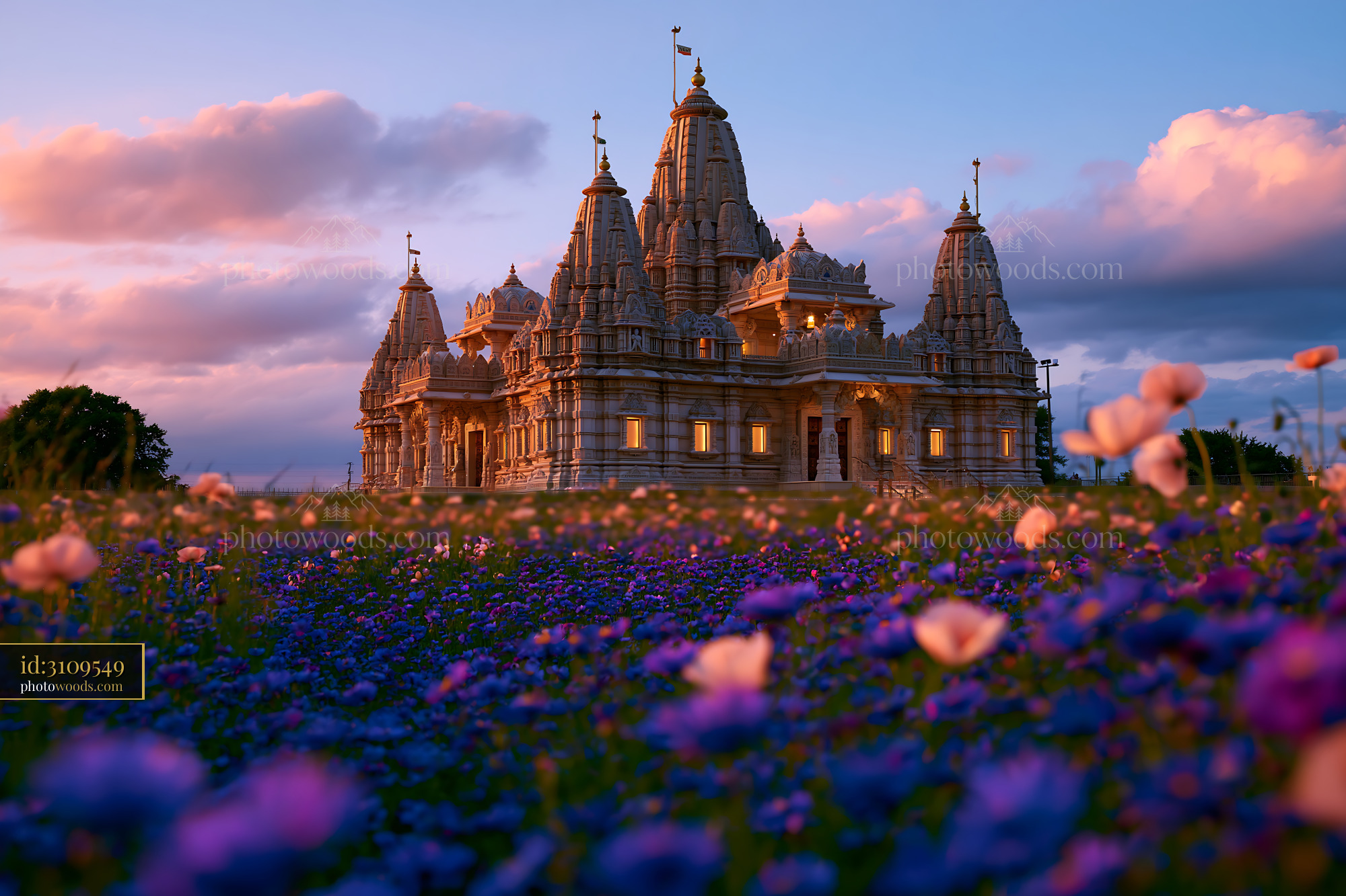 BAPS Temple With Flowers in Foreground During Sunset