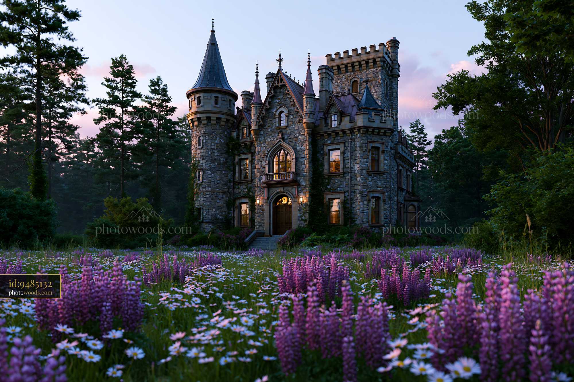 Castle Surrounded by Wildflowers at Dusk in a Forest Setting
