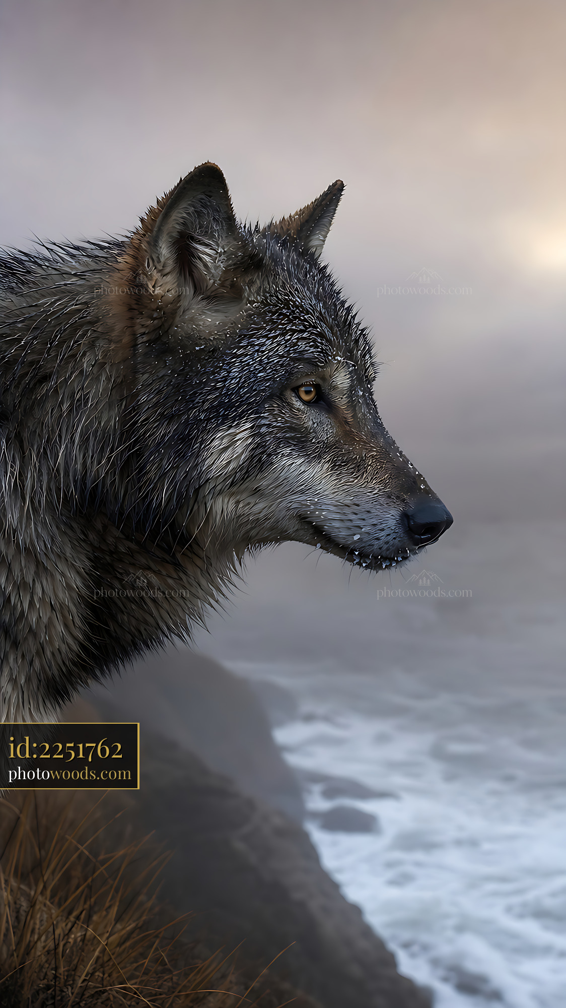 Wolf Stands by the Water Looking Into the Distance at Sunrise