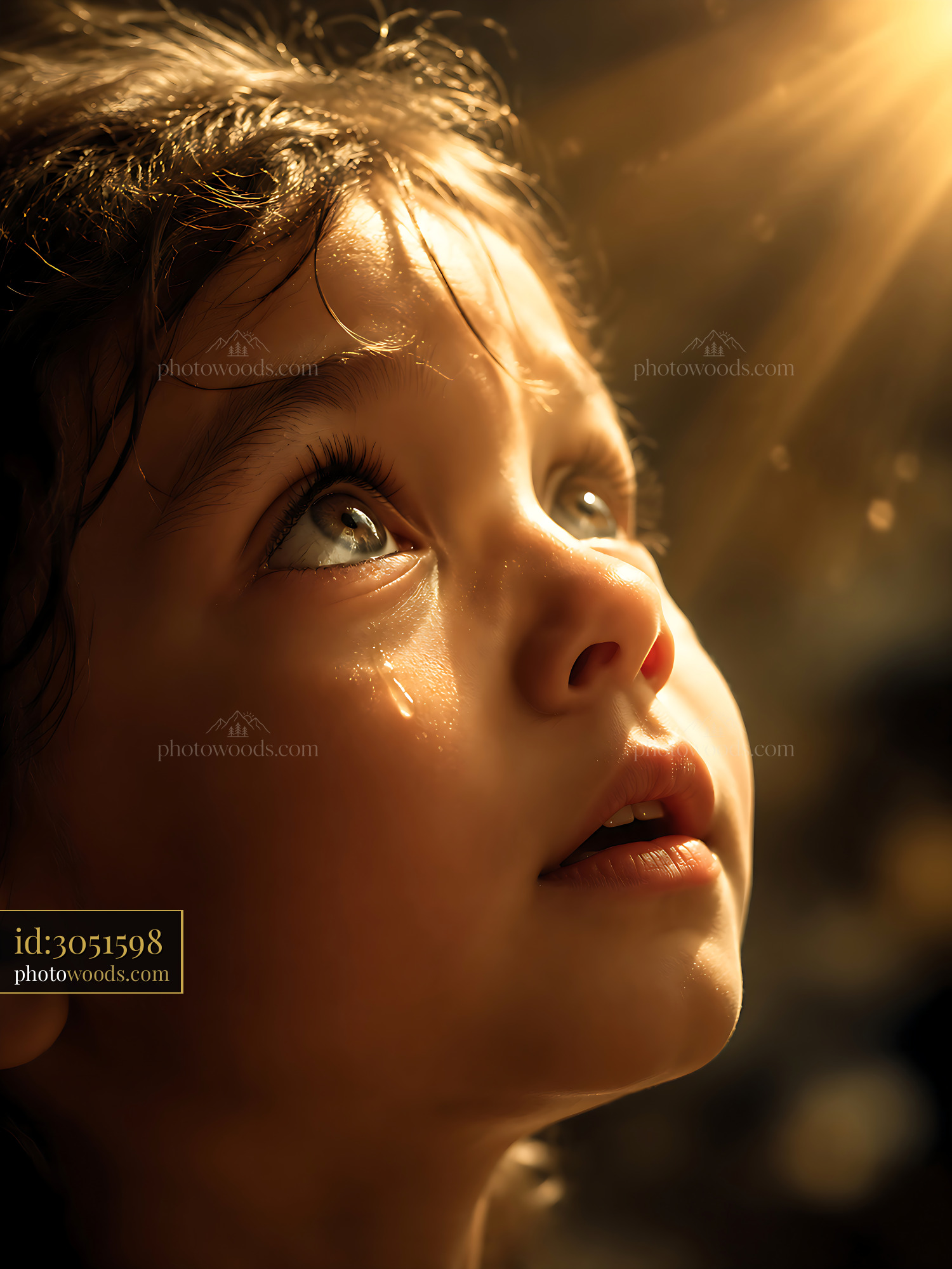 Child Looks up With Curiosity in Soft Light at Golden Hour