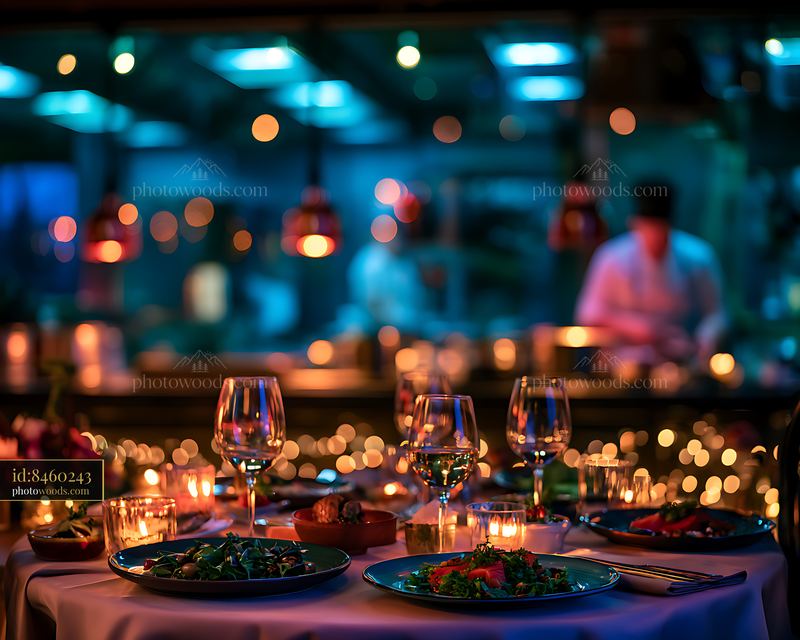 Elegant candlelit dinner table with wine glasses and colorful bokeh
