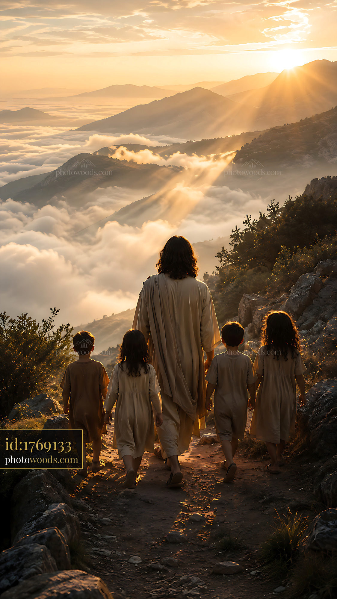 Person Walking With Children on a Mountain Path at Sunset