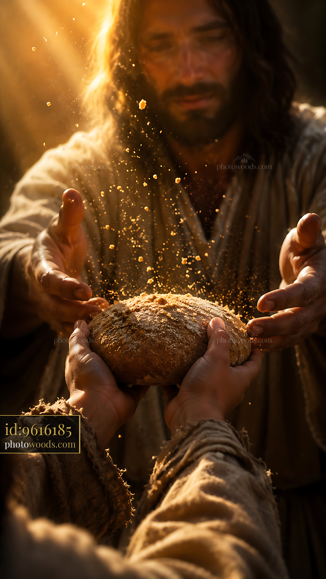 Man Gives Bread to Another Person With Warm Light Around