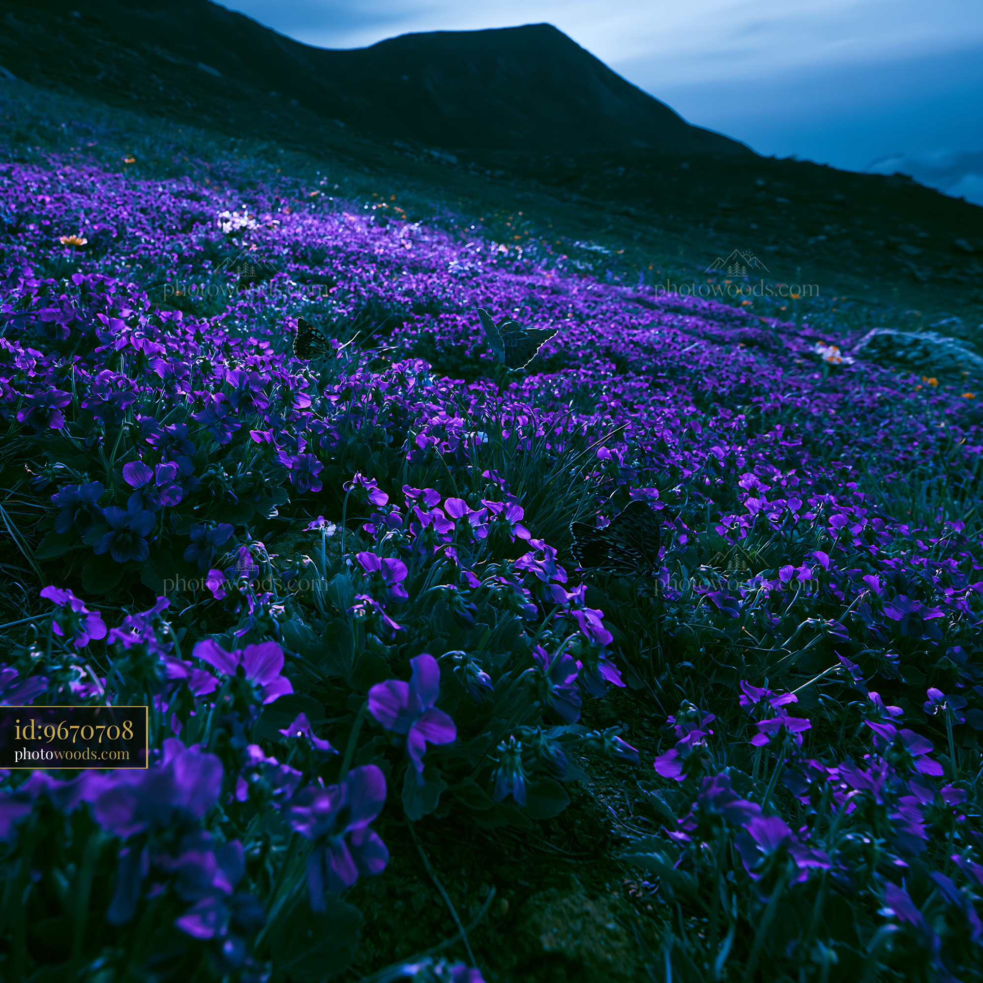 Violet Wildflowers Blooming on Mountain Slope in Evening Light