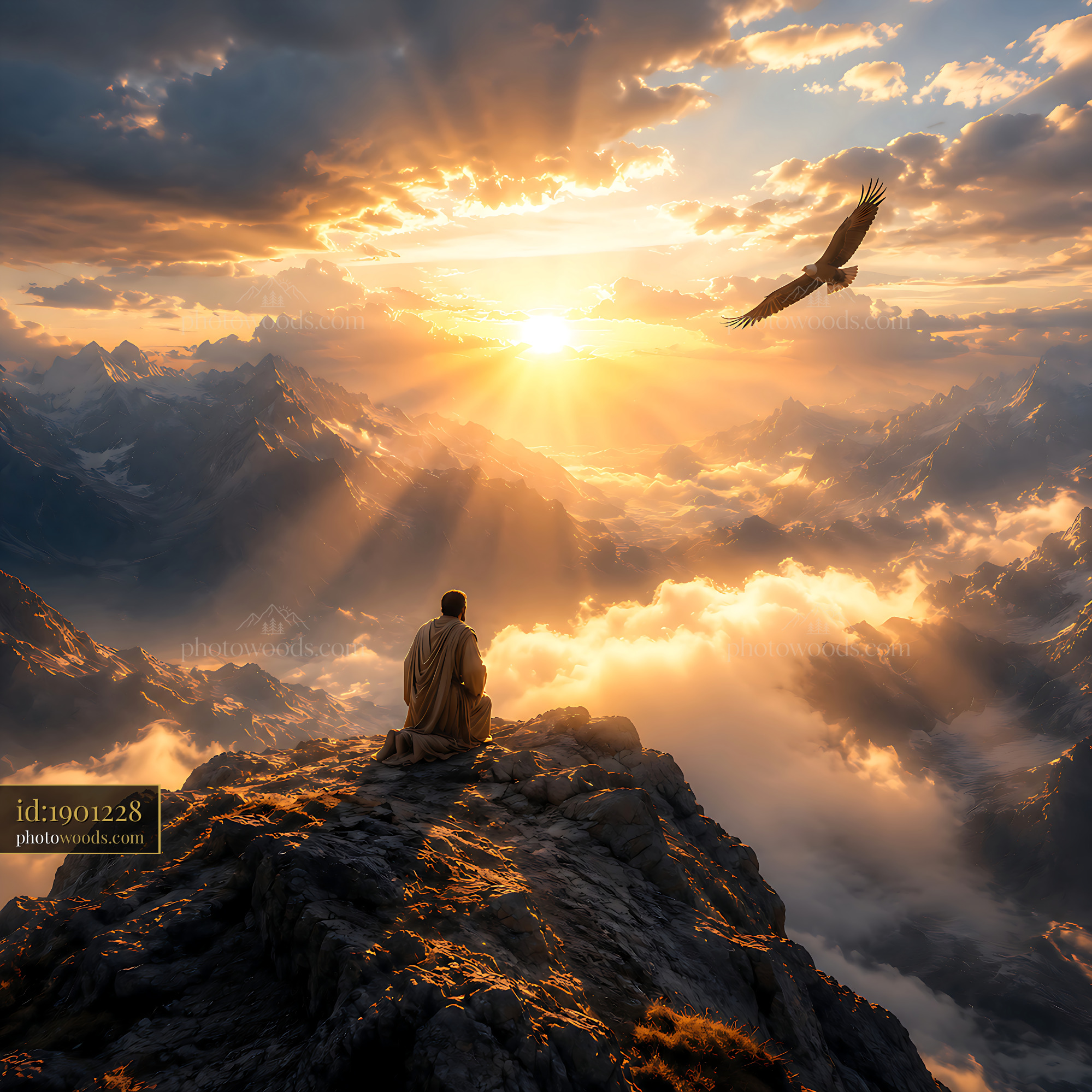Mountain Scenery With a Person Watching the Sunset and an Eagle Flying