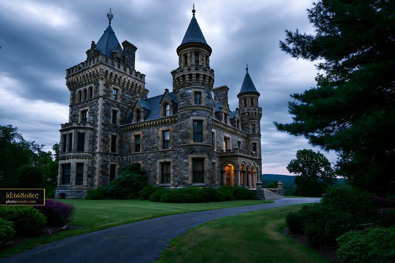 Historic stone castle with turrets under a dramatic evening sky