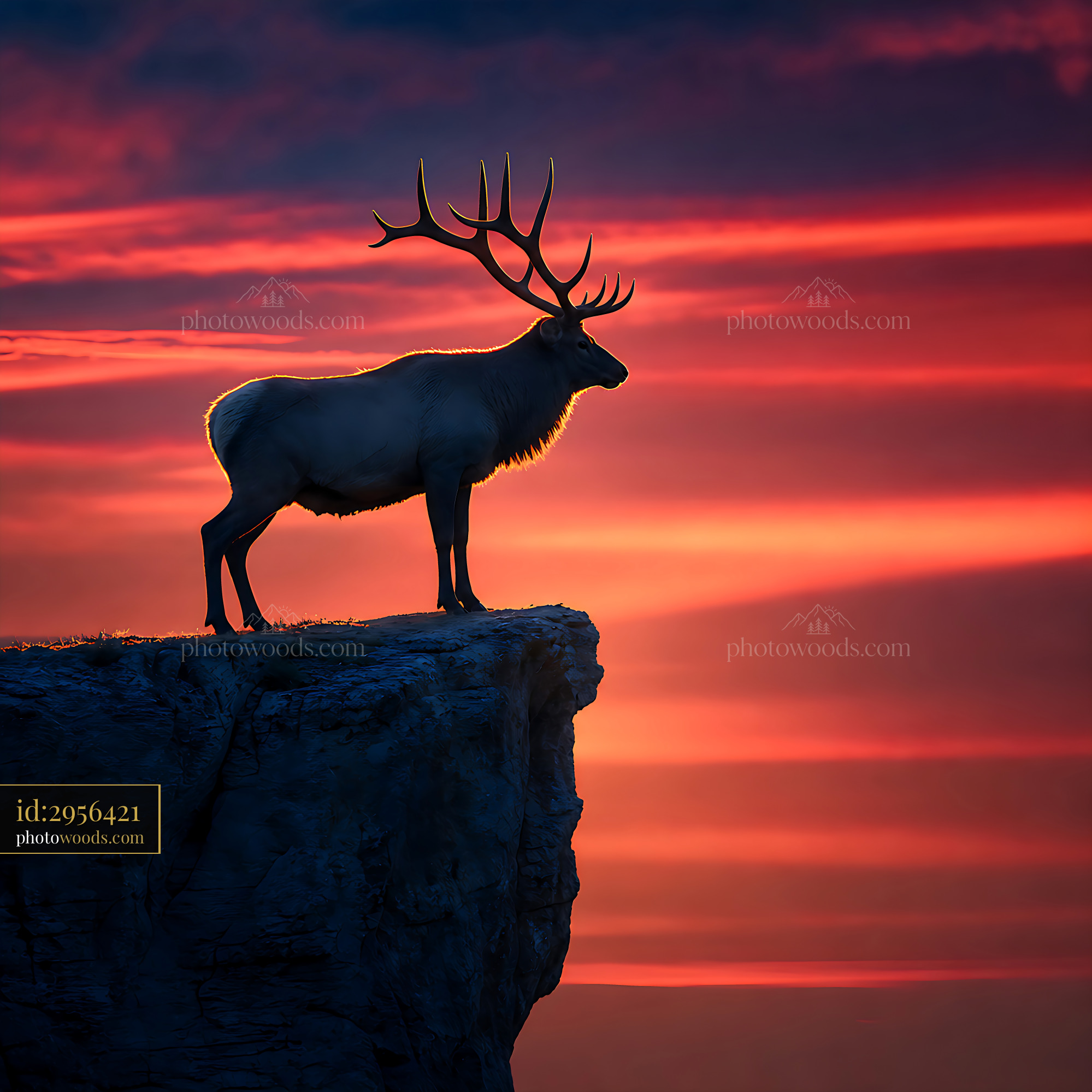 Deer Stands on Cliff Edge Against Sunset Sky in Silhouette
