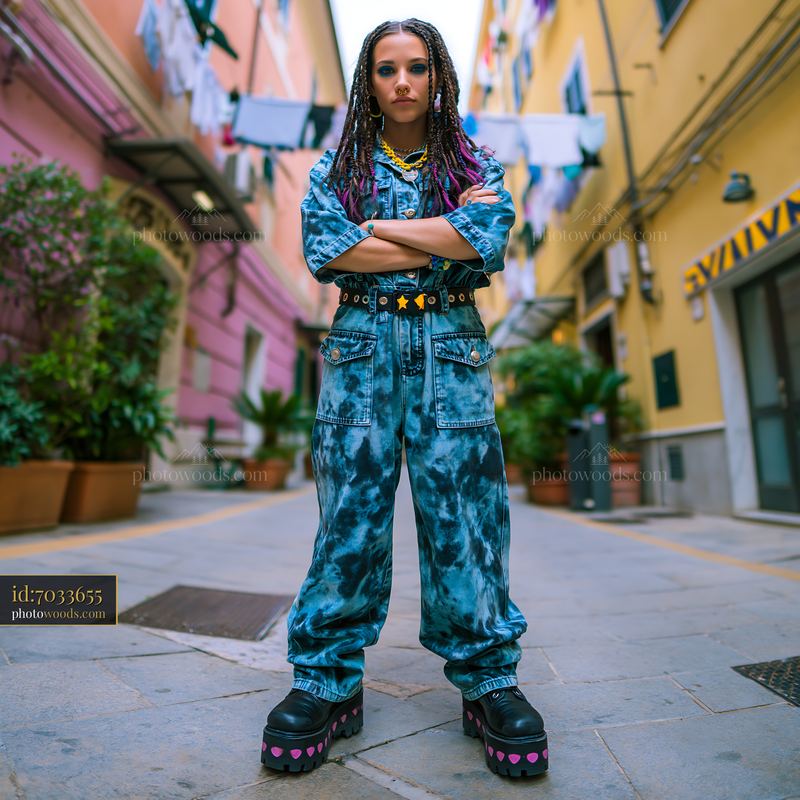 Model With Braided Hair in Acid Wash Outfit on City Street