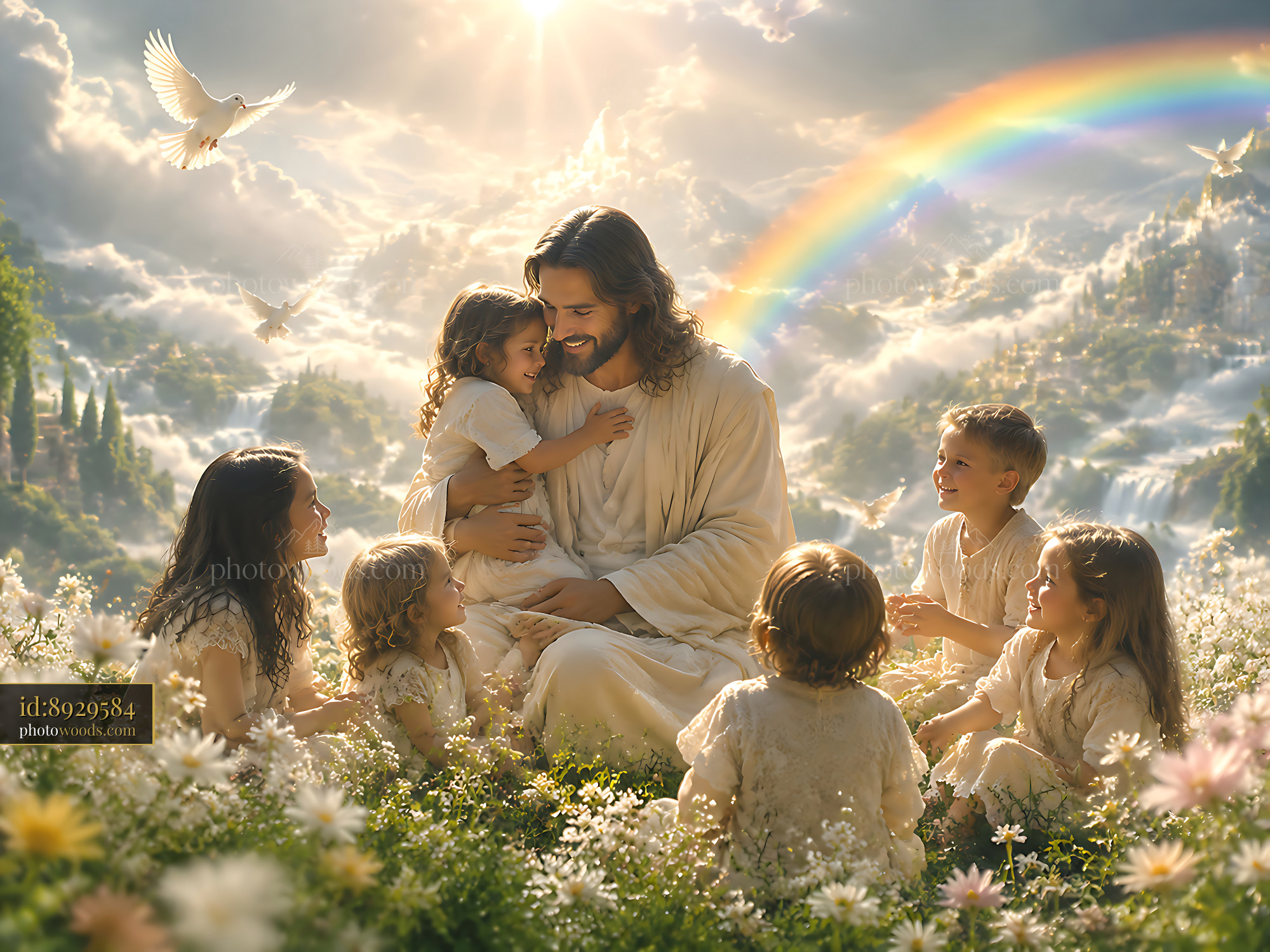 Jesus Sits With Children in a Bright and Colorful Garden Scene