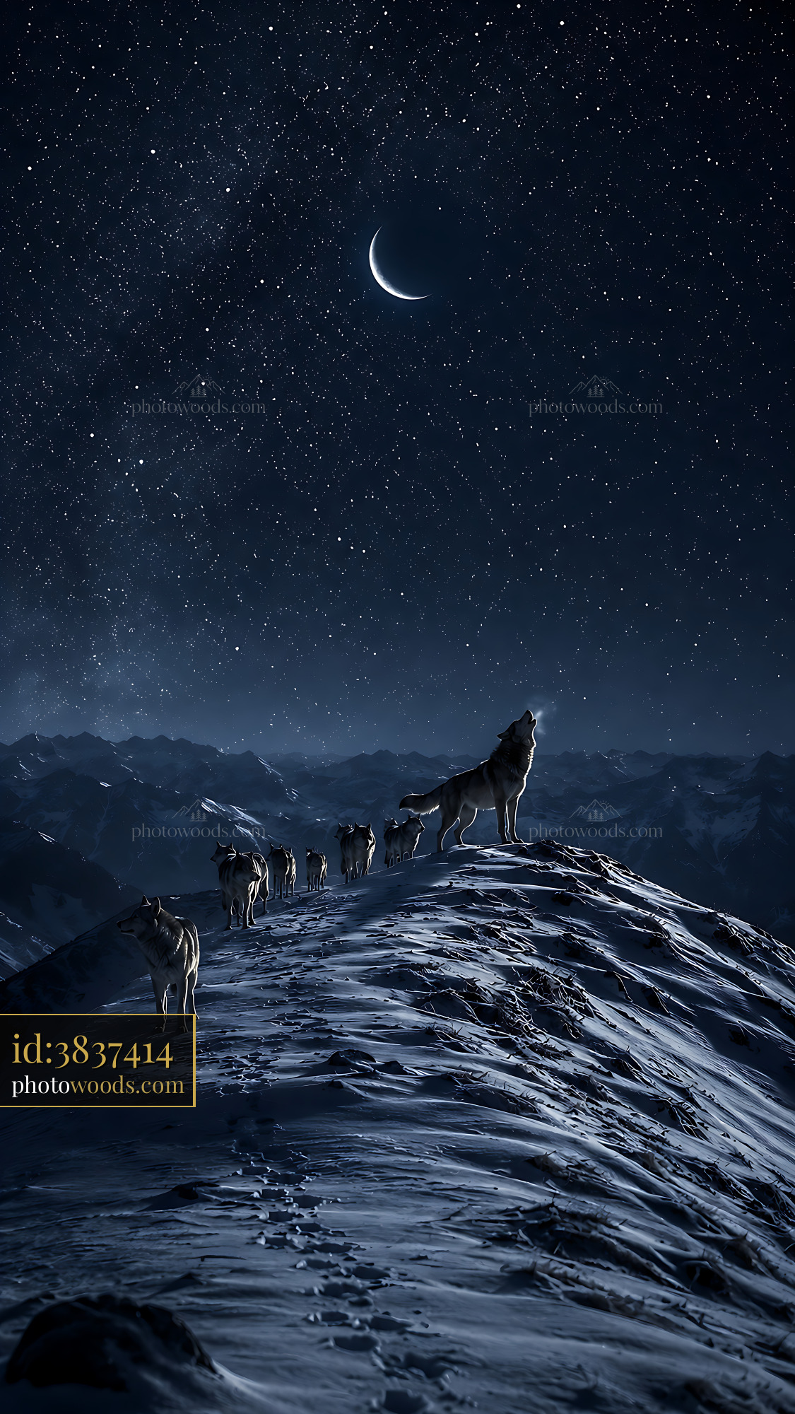 Wolves Standing on Mountain Peak Under Night Sky With Stars