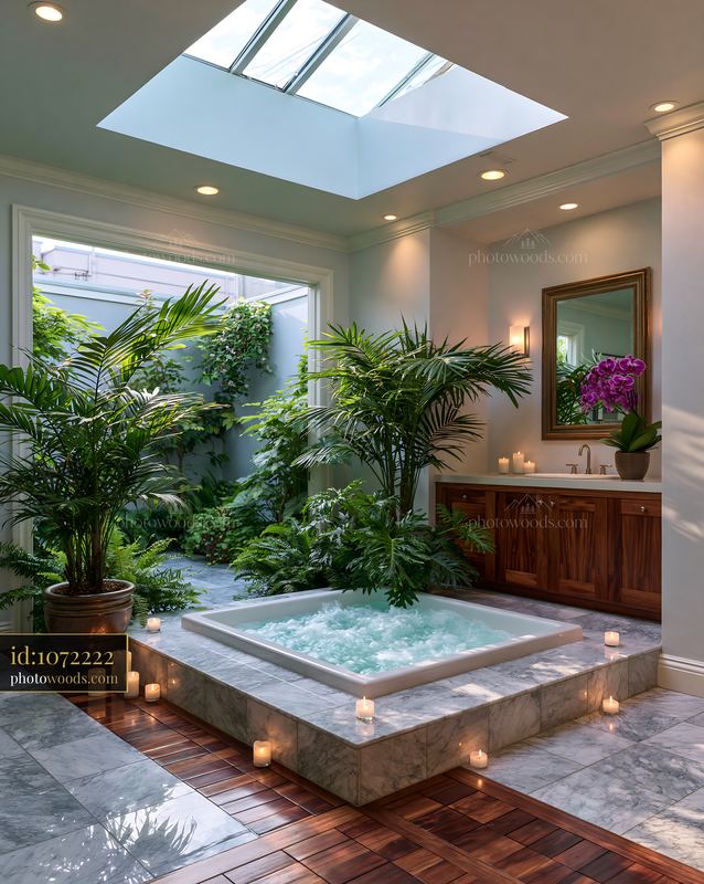Modern Bathroom With Sunken Tub and Skylight in Indoor Garden