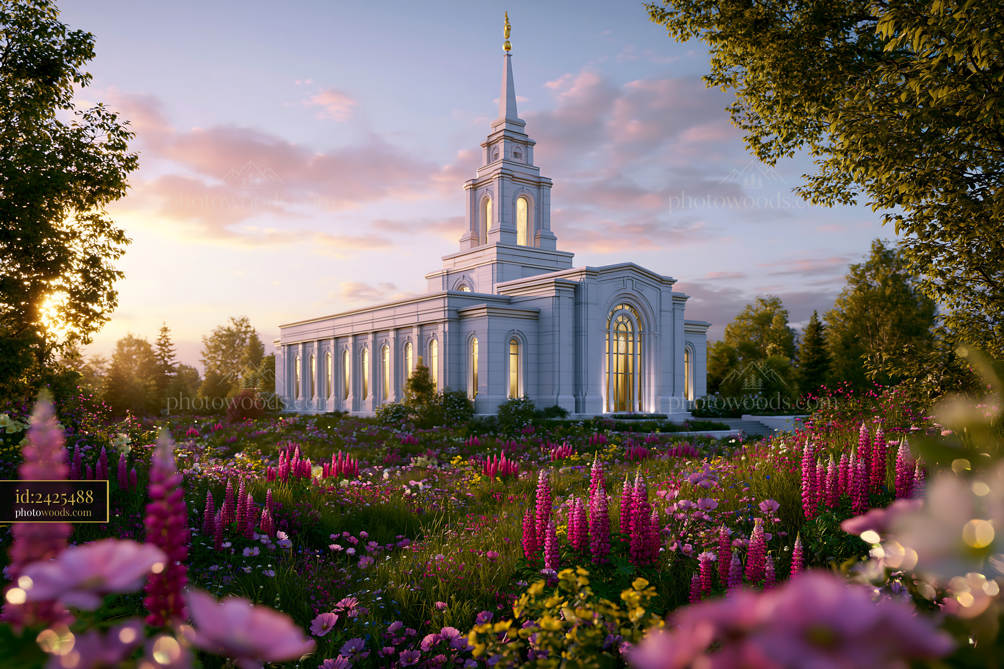 Teton Temple With Blooming Flowers During Golden Hour