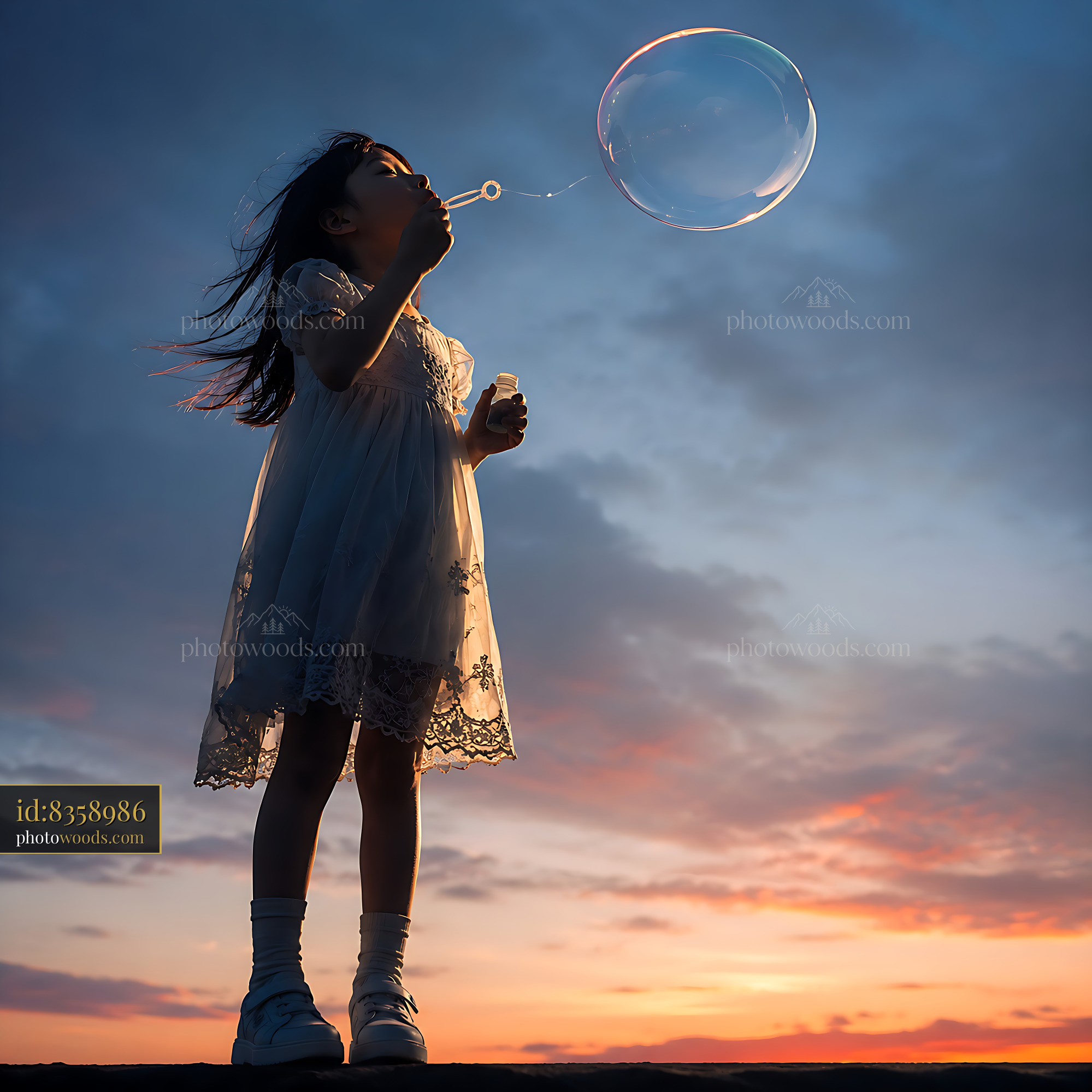 Child Blowing Soap Bubble Against Sunset Sky With Clouds