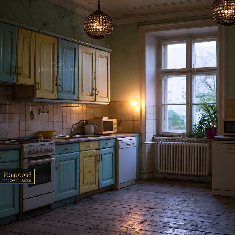 Shabby Kitchen With Mismatched Cupboard Doors in Evening Light
