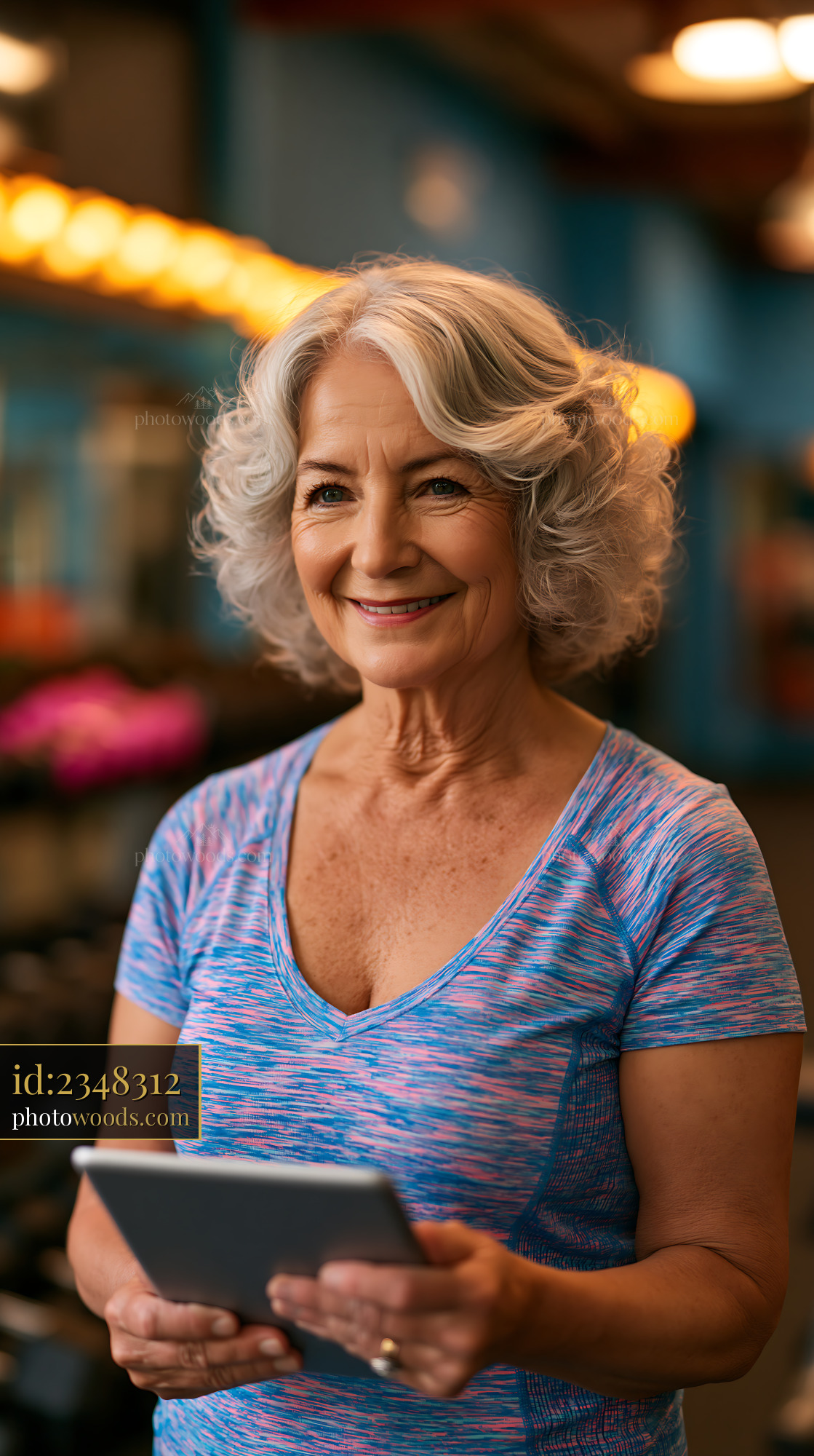 Grandmother Training With a Tablet in a Gym Setting