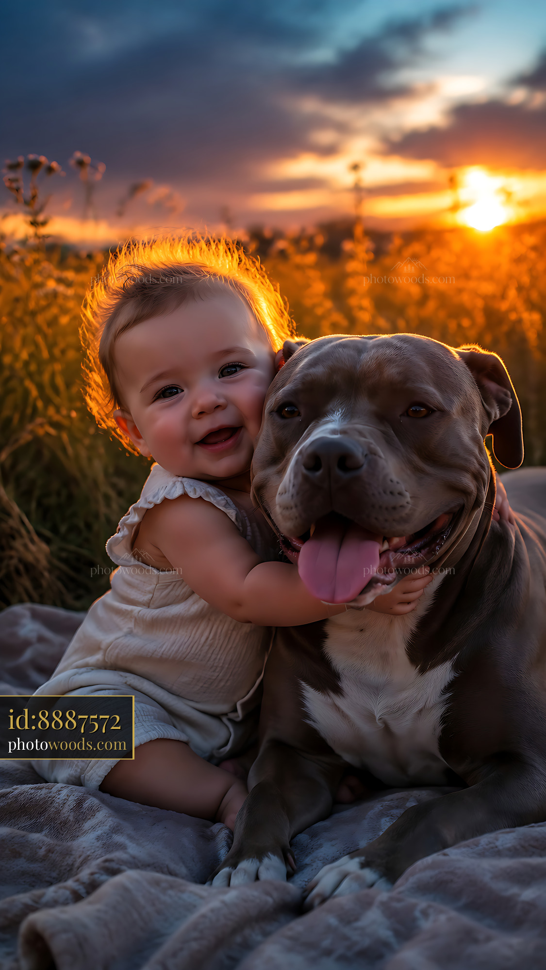Baby Hugs Dog During Sunset in a Field With Flowers