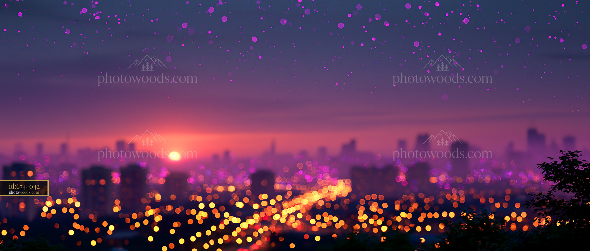 City Skyline at Sunset With Colorful Lights Over the Horizon