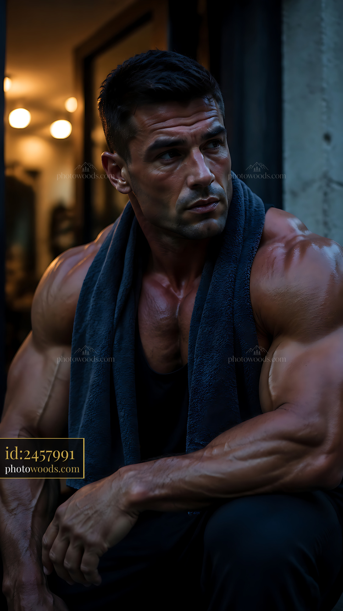 Muscular Man Sitting Outside Gym With Towel Around Neck