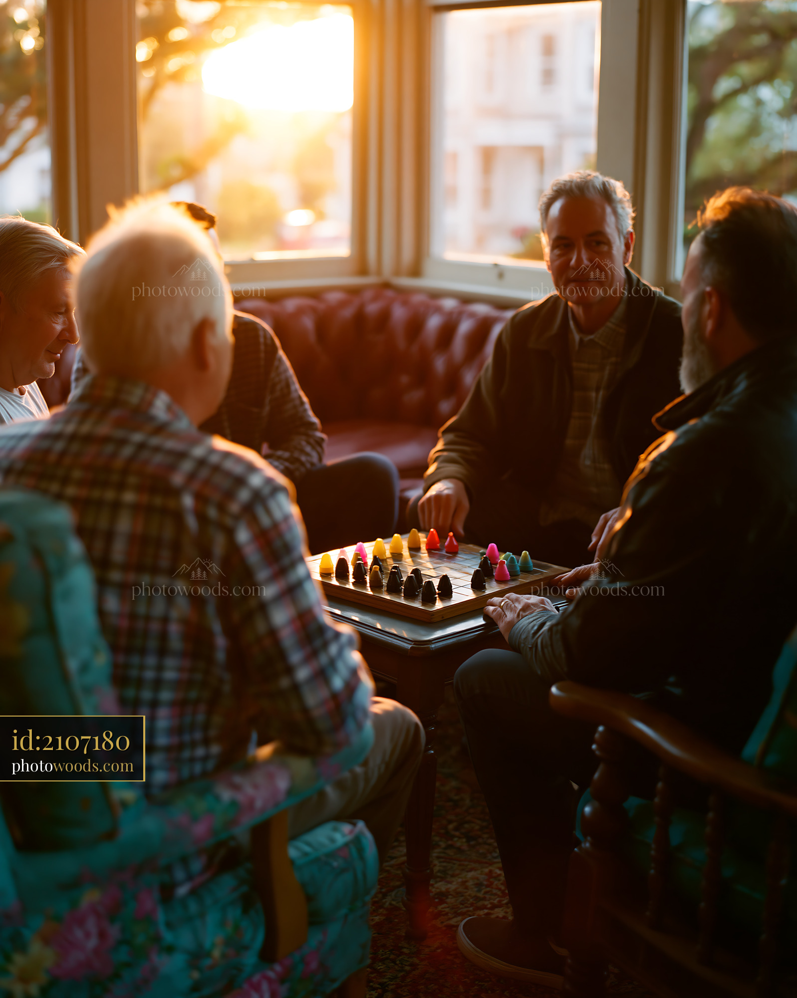 Men's Support Group Discussing and Playing Chess in Warm Light