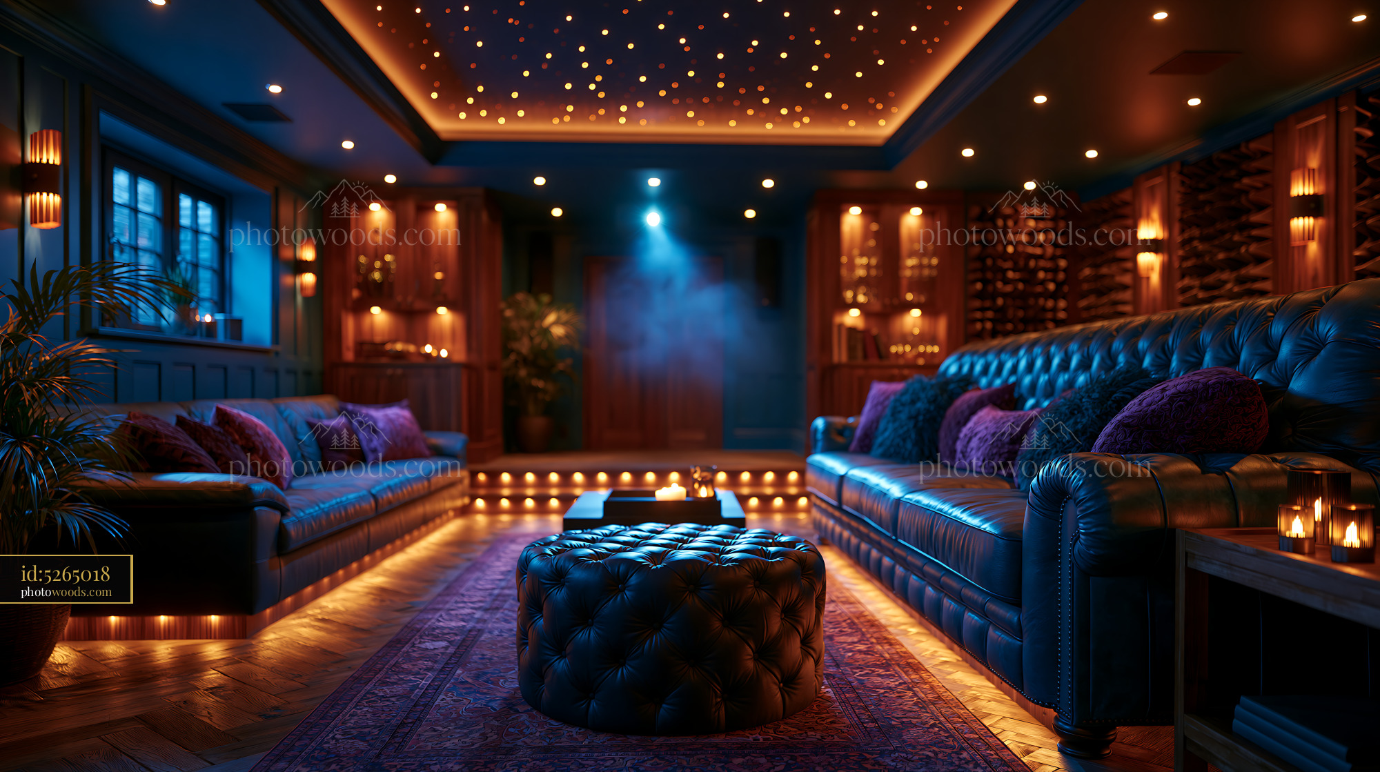 Home Theater Room With Leather Couches and Dim Lighting