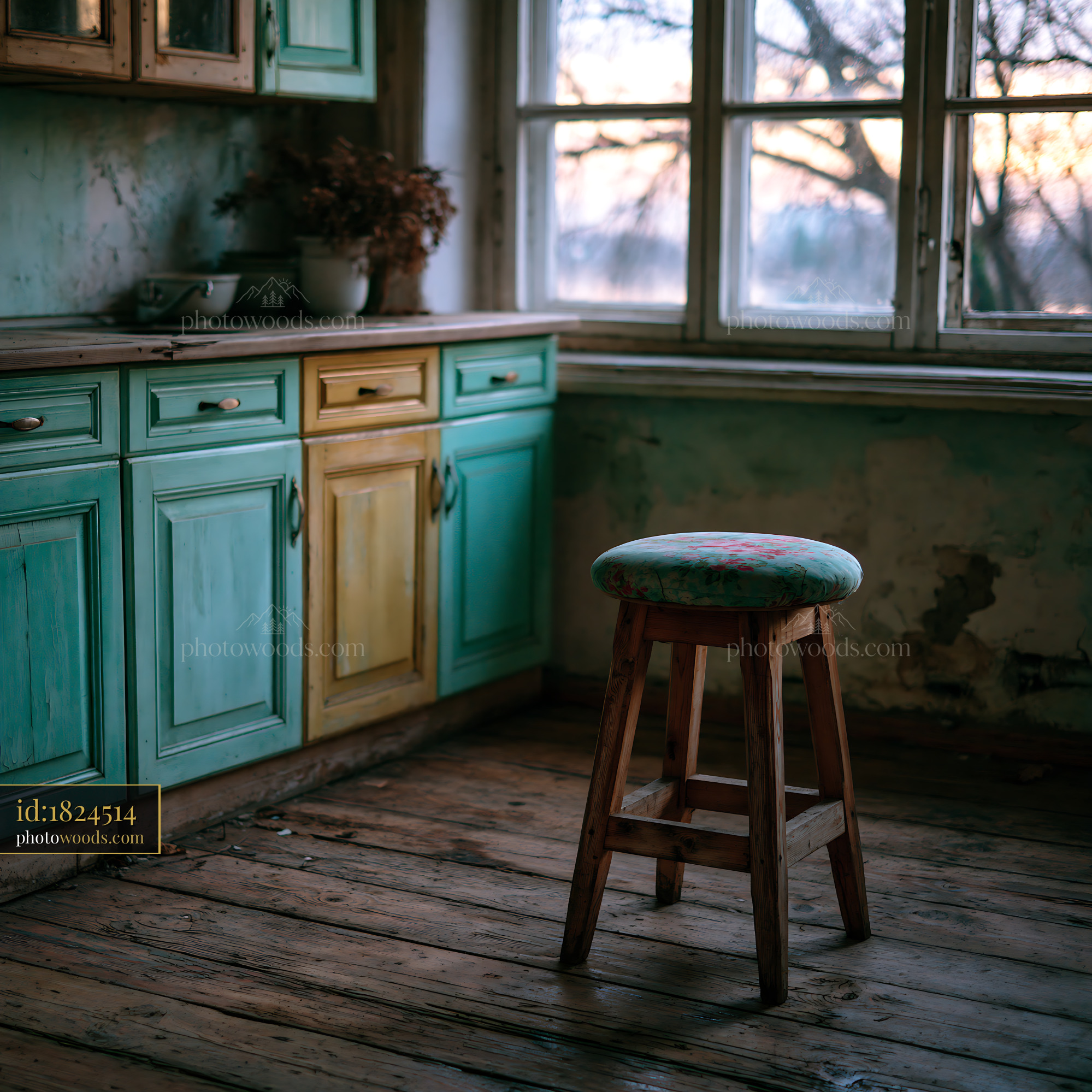 Shabby Kitchen Interior With Mismatched Cupboard Doors and Stool