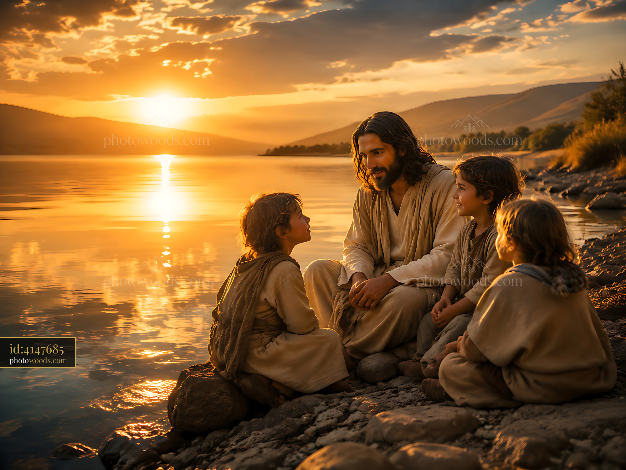 Man With Children Sitting by the Water During Sunset