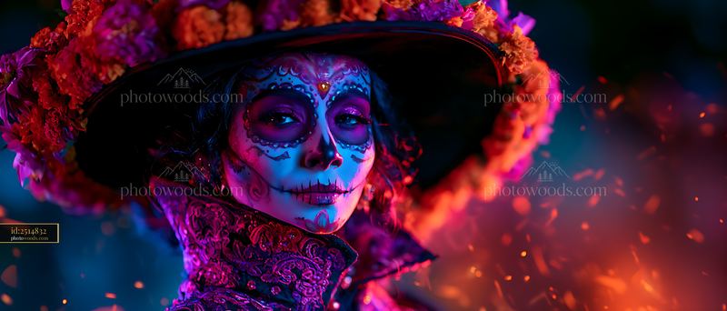 Colorful sugar skull makeup portrait with floral hat