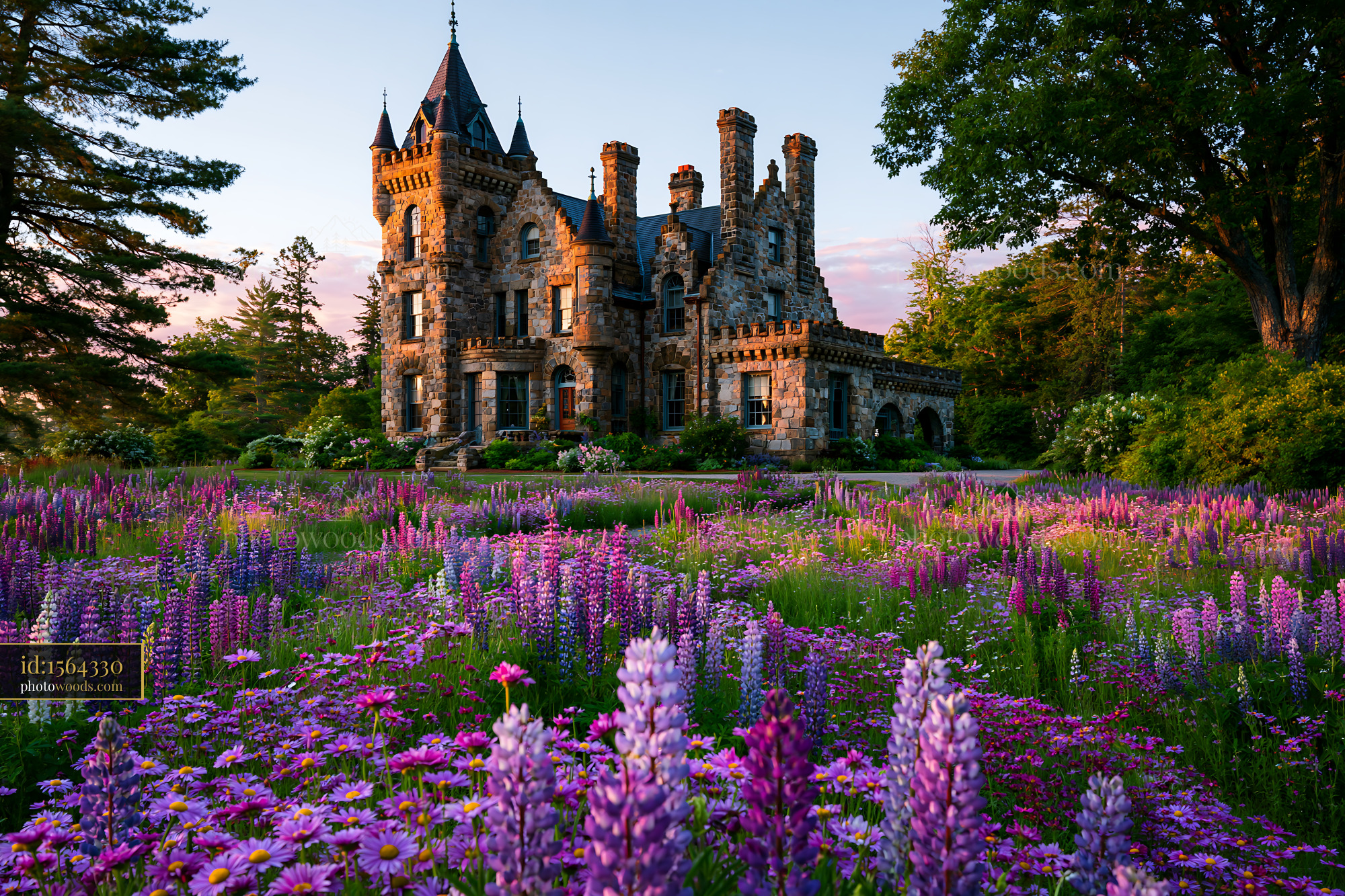 Historic Gothic Castle With Flower Field at Sunset in Norum
