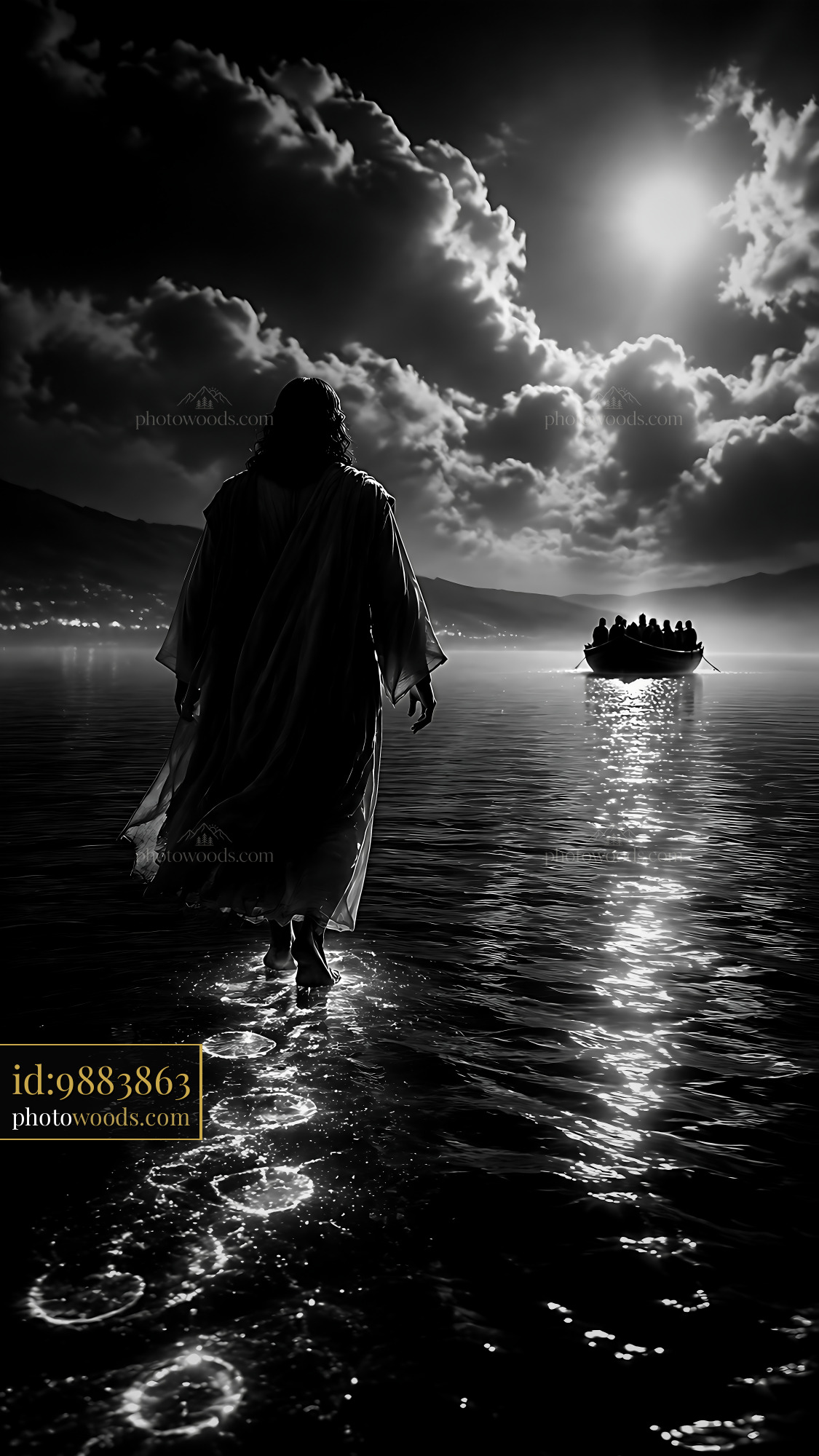 Jesus Walks on Water Towards a Boat at Night in Black and White