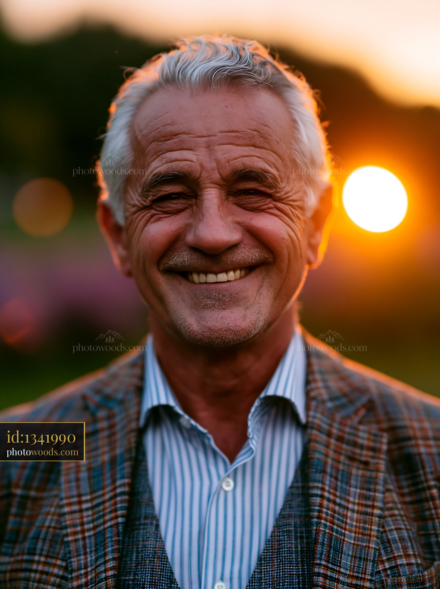 Elderly Man Smiles at Sunset in a Park Setting
