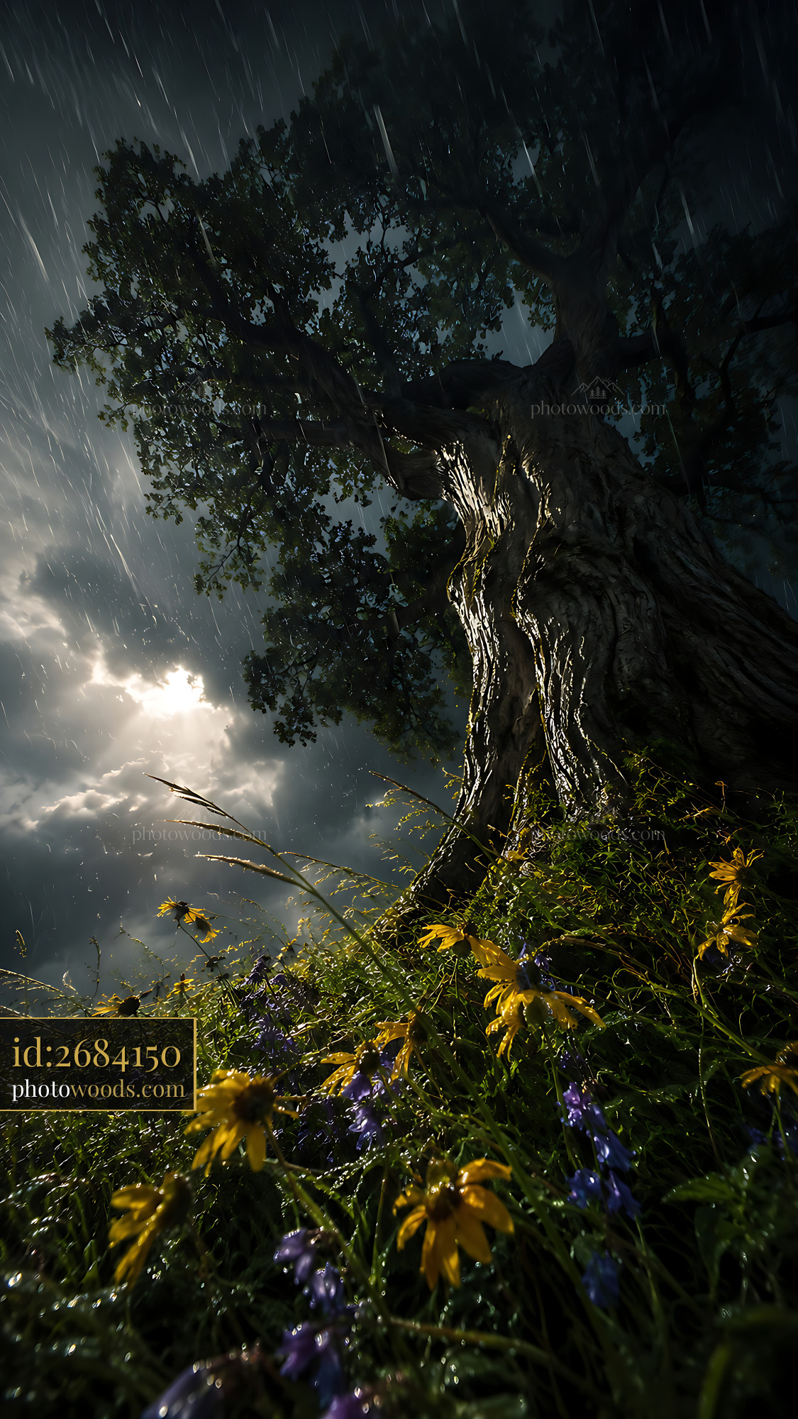 Tree Stands Tall Under Dark Clouds and Rain in a Wild Landscape