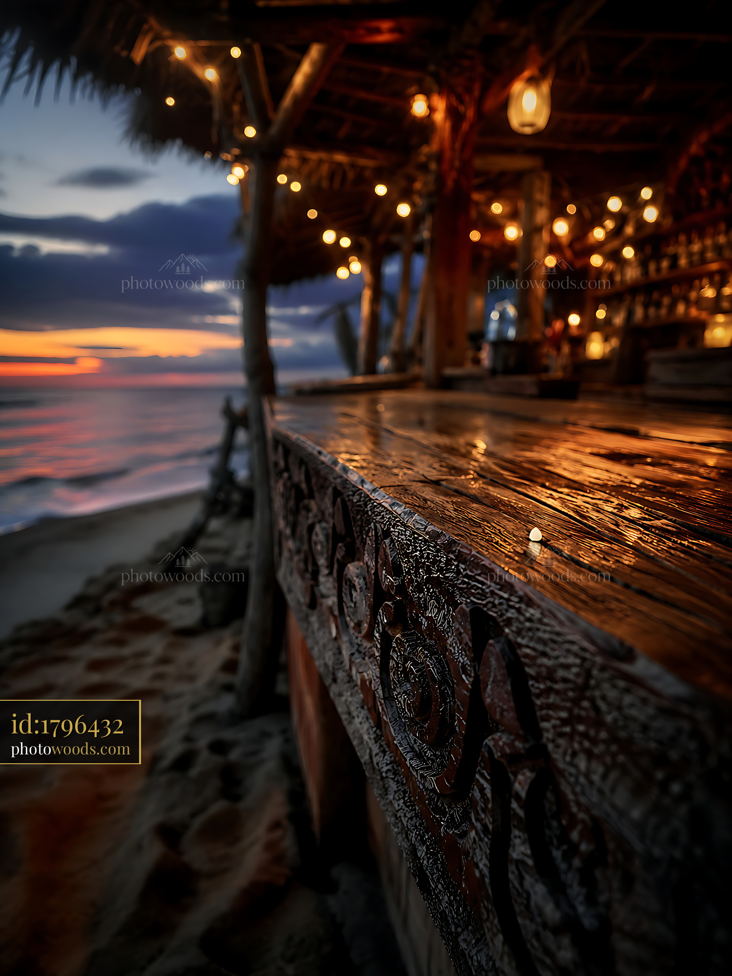 Bar Counter at Beach With Warm Lights and Sunset Background