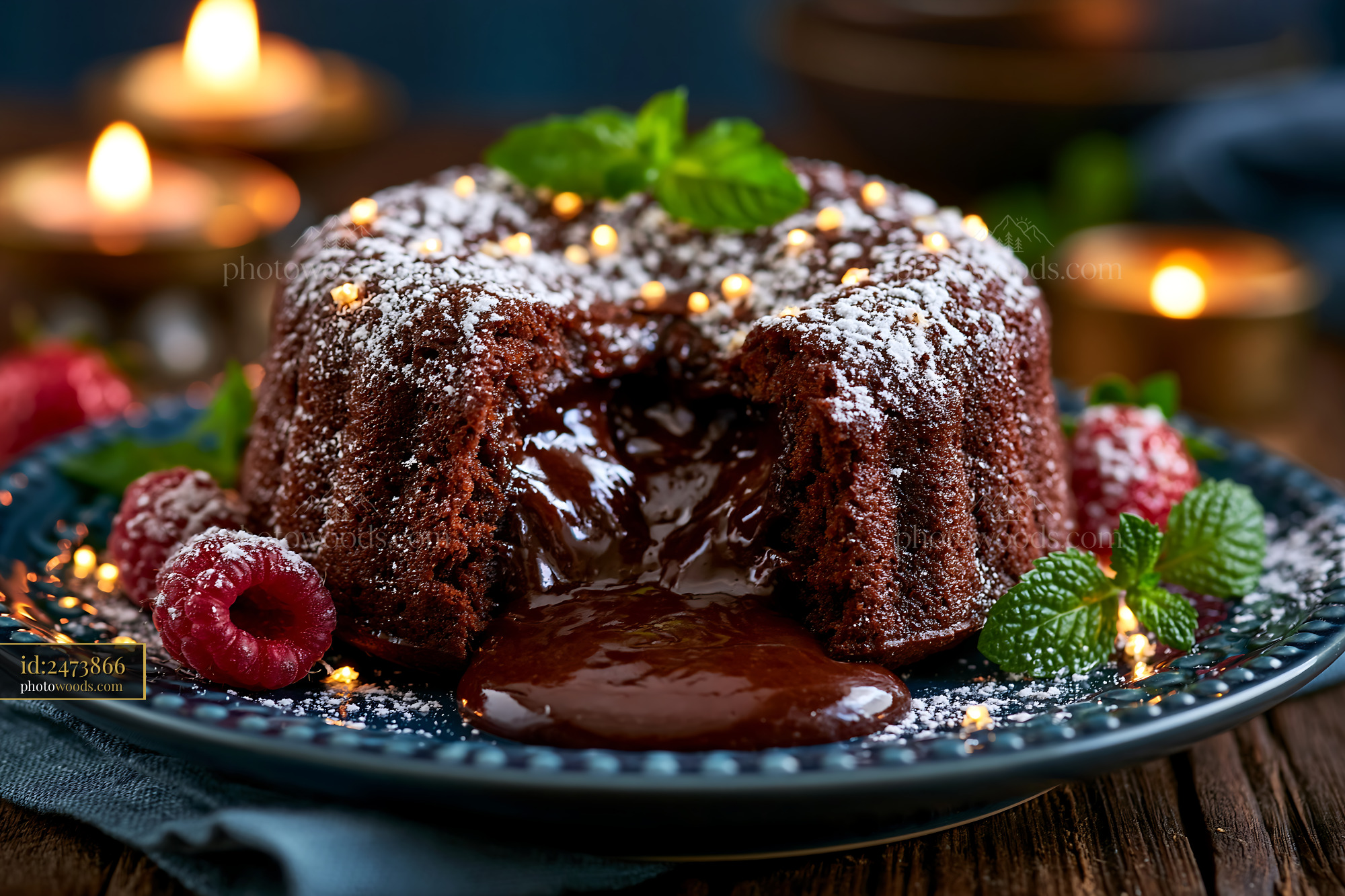 Chocolate Lava Cake With Molten Center and Raspberries