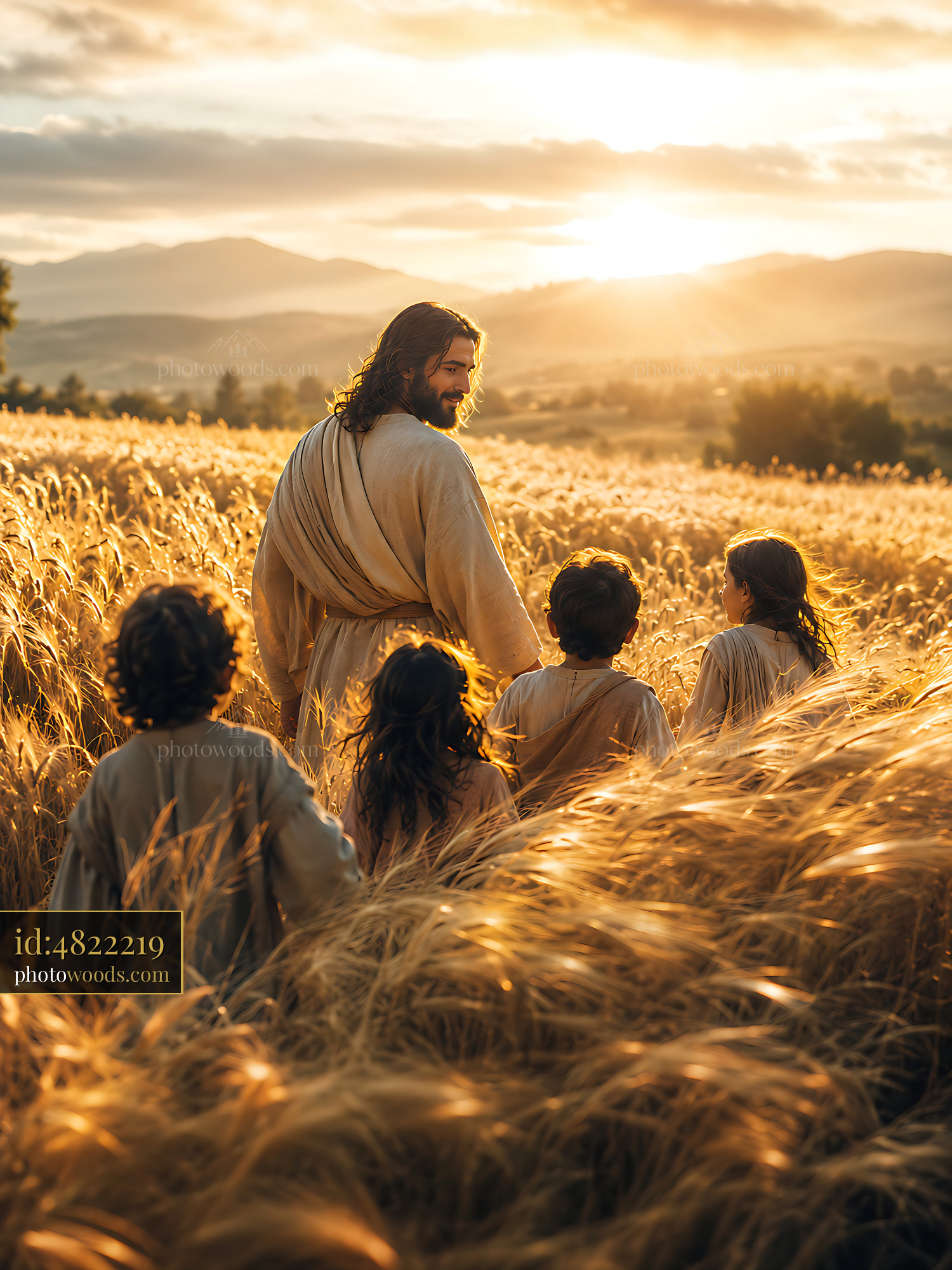 Jesus Walking With Children in a Golden Field at Sunset
