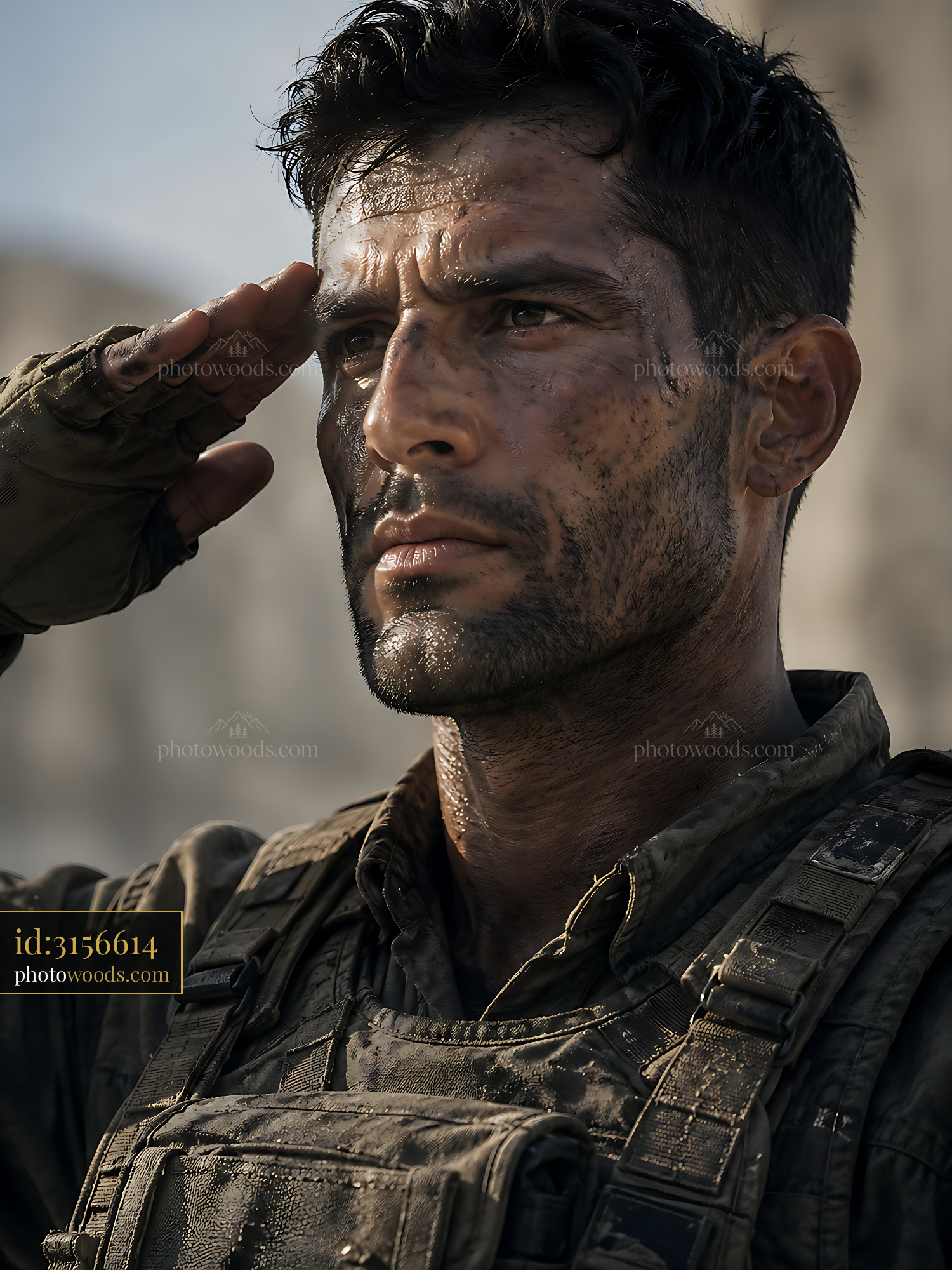 Soldier Saluting With Dirt on Face and Military Gear Visible
